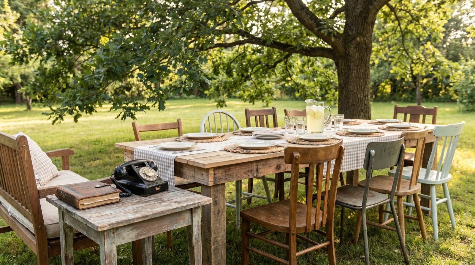 A backyard family celebration table under a big tree with mismatched chairs of different styles, a set table with lemonade and glasses, and a vintage rotary phone and address book on a nearby bench in dappled afternoon light
