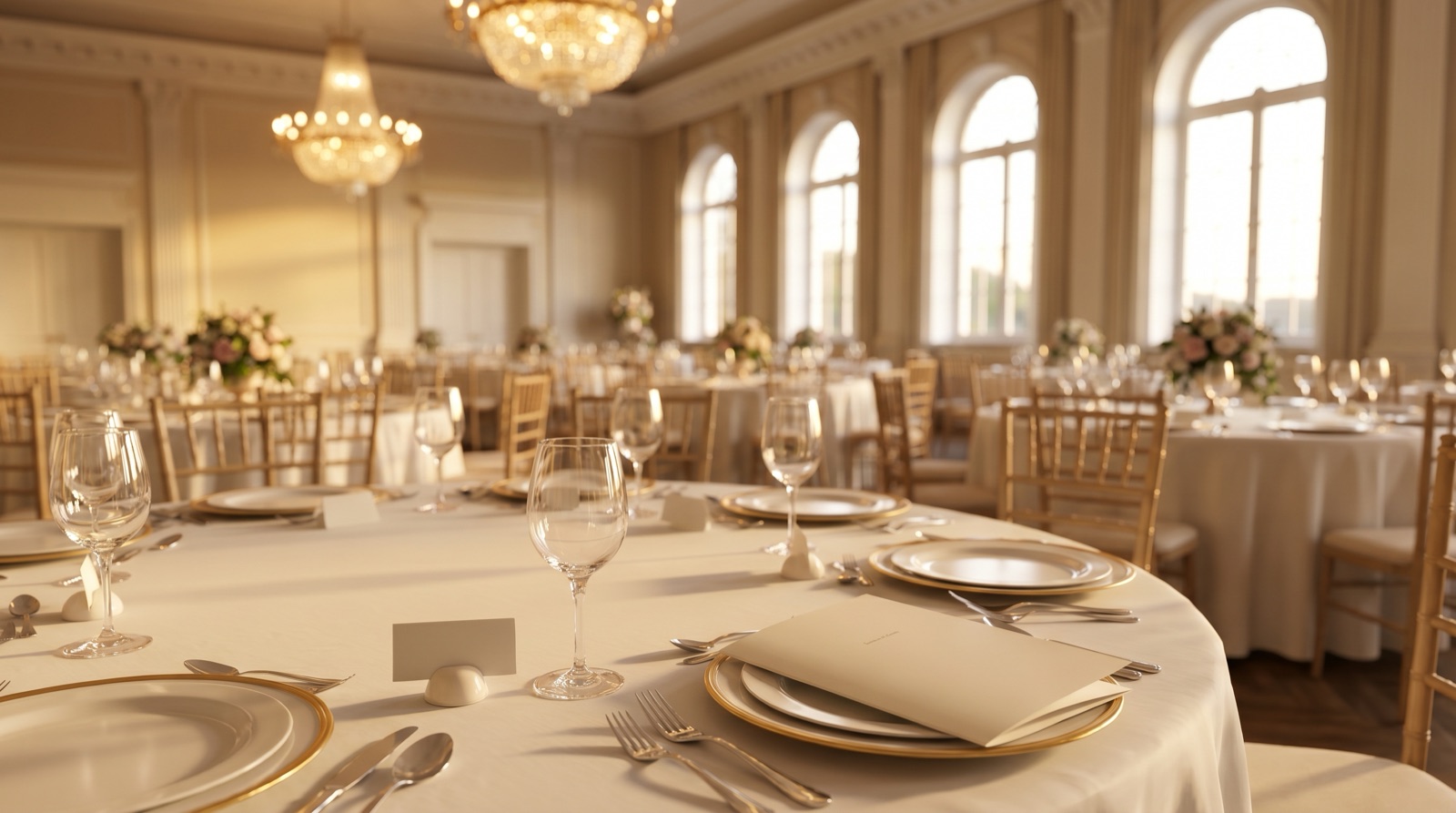 An elegant wedding reception ballroom with round tables set in white linen, gold-rimmed plates, crystal wine glasses, and a blank name-card holder, lit by chandeliers and arched windows