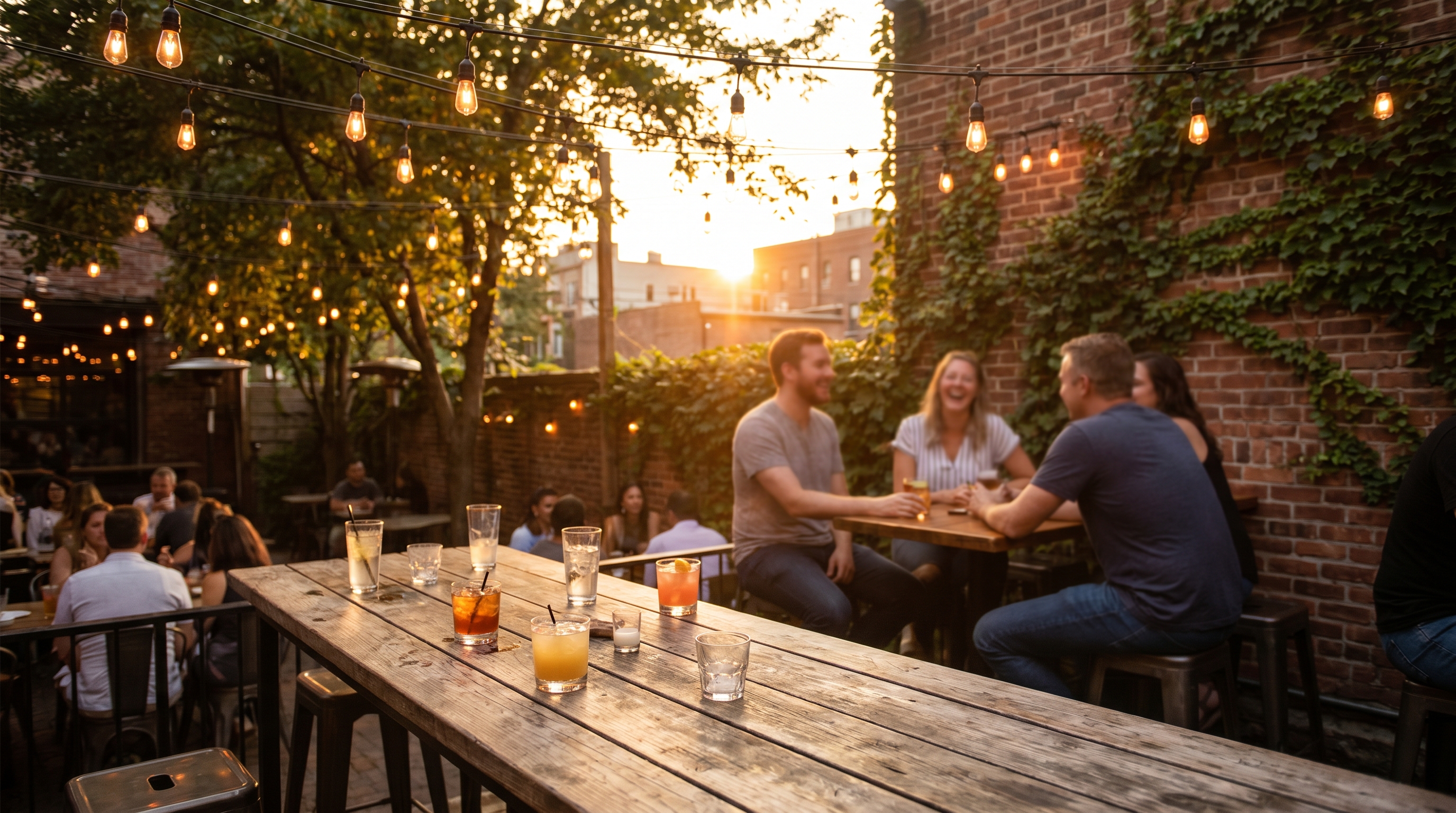 Outdoor patio with string lights at golden hour, drinks on a wooden table, friends gathered around it