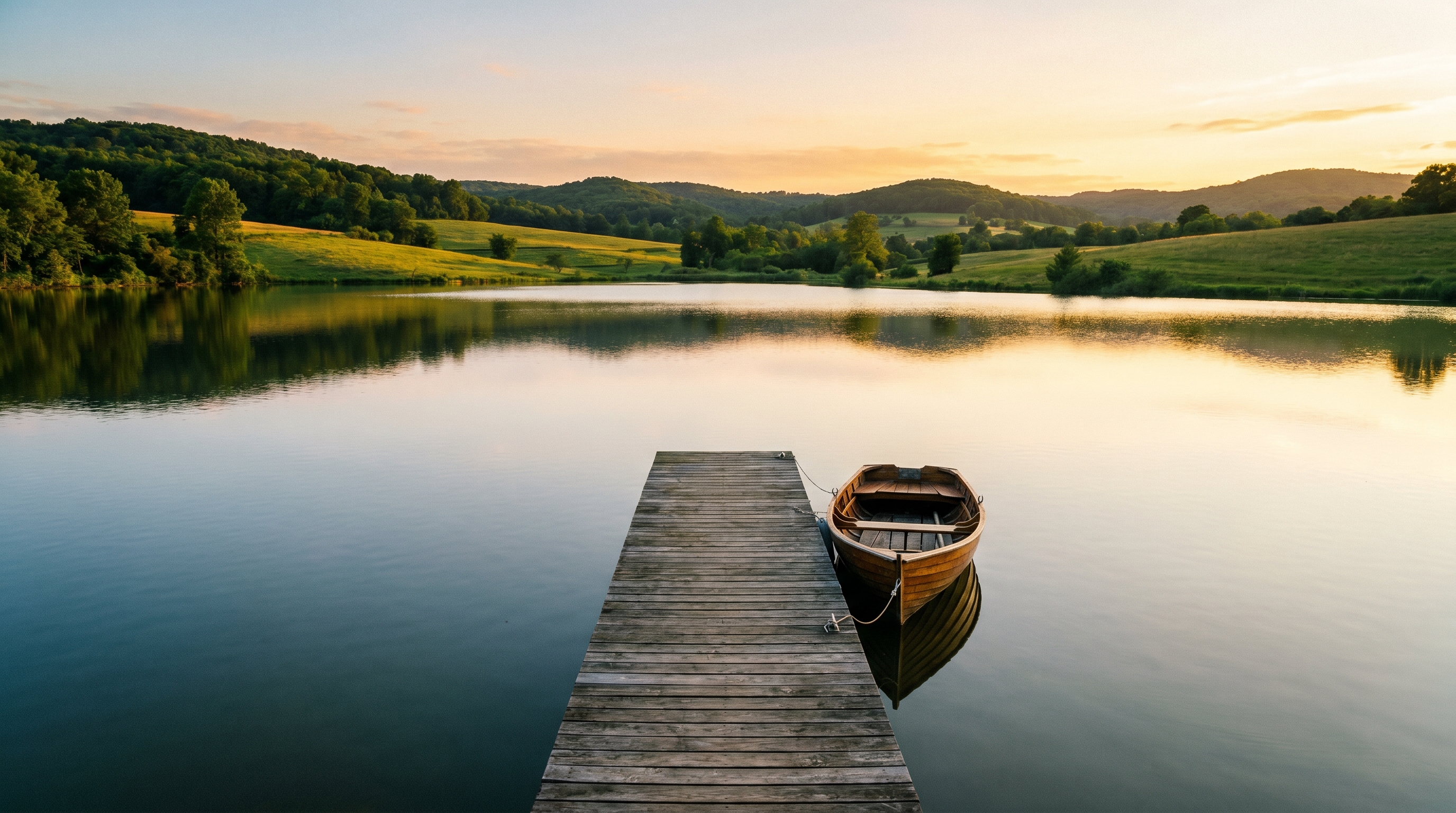 Wide-angle view of a sunlit lake with a wooden dock and a small boat moored at the end, hill country in the distance