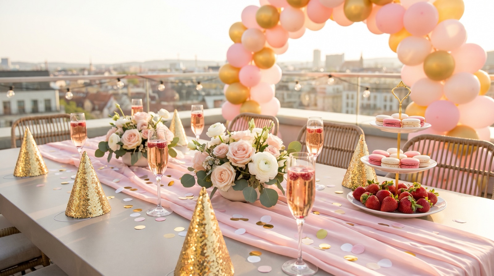 A festive bachelorette tablescape on a sunlit rooftop terrace with rosé-filled champagne flutes, a pastel pink and gold balloon arch, blush rose centerpieces, gold party hats, confetti, and a tiered tray of macarons and strawberries