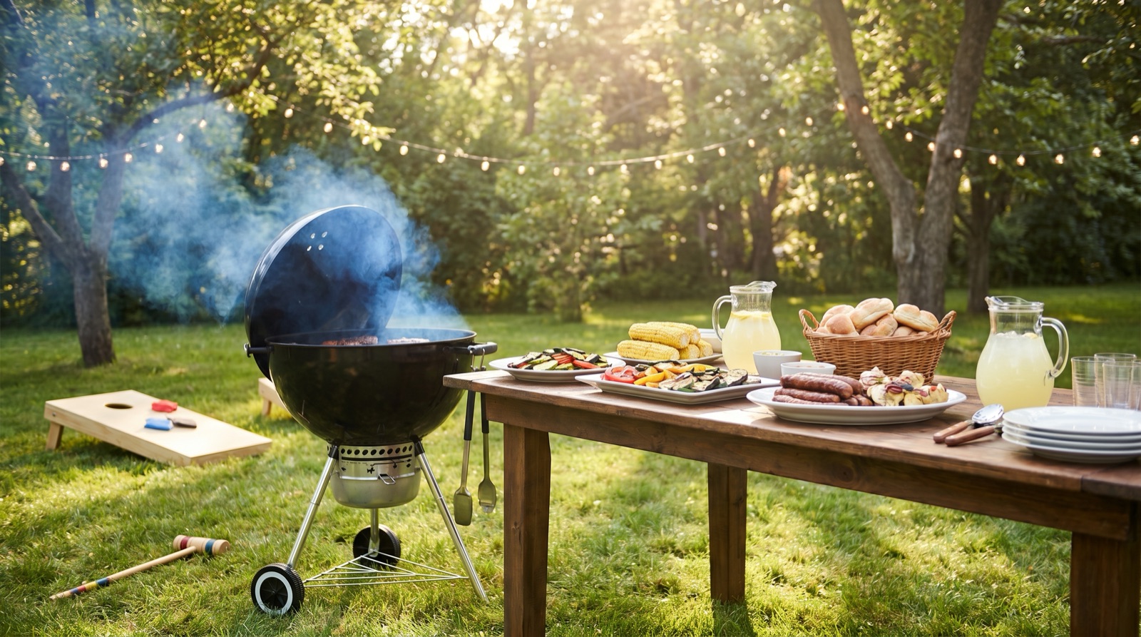 Wide photographic view of a sunny backyard summer barbecue with a grill, a long table of food, string lights, and lawn games, no logos, no signage, no recognizable people