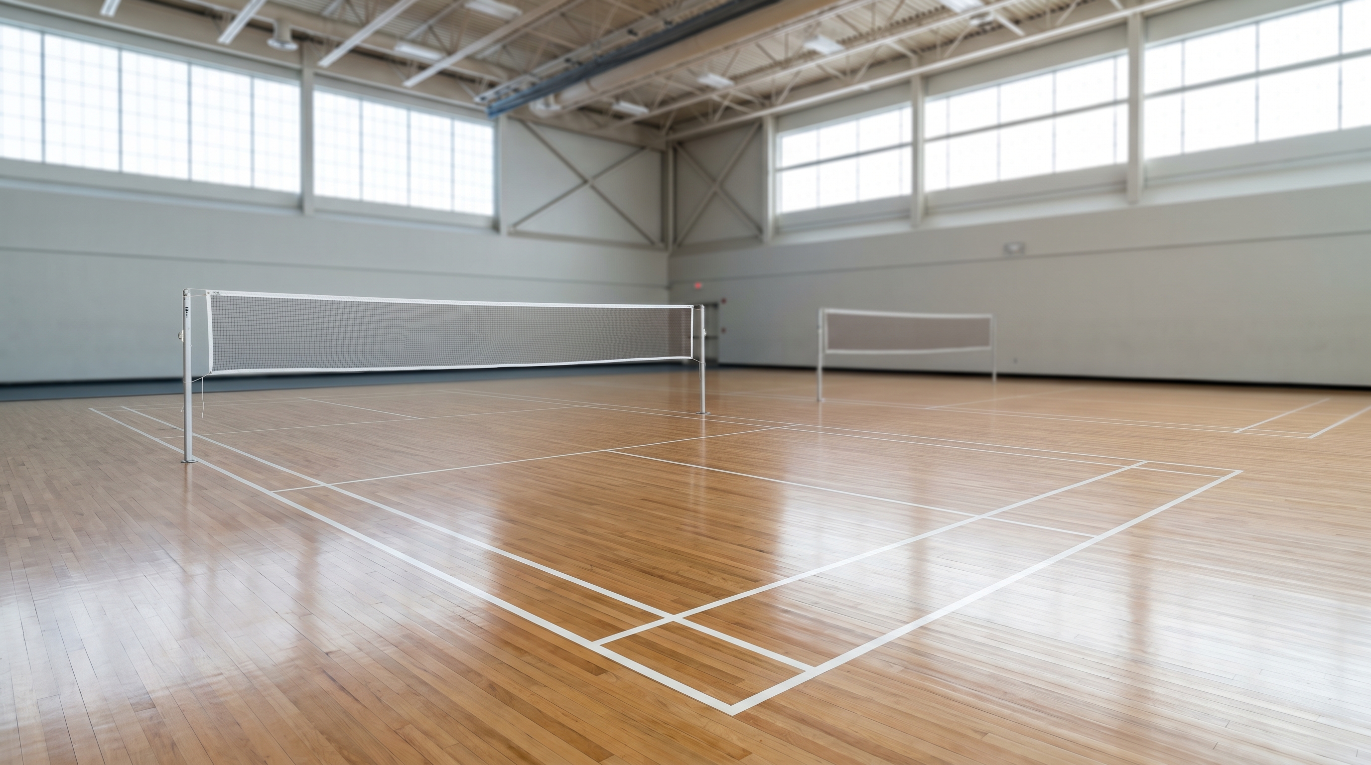 Indoor badminton court with wooden flooring and overhead lighting