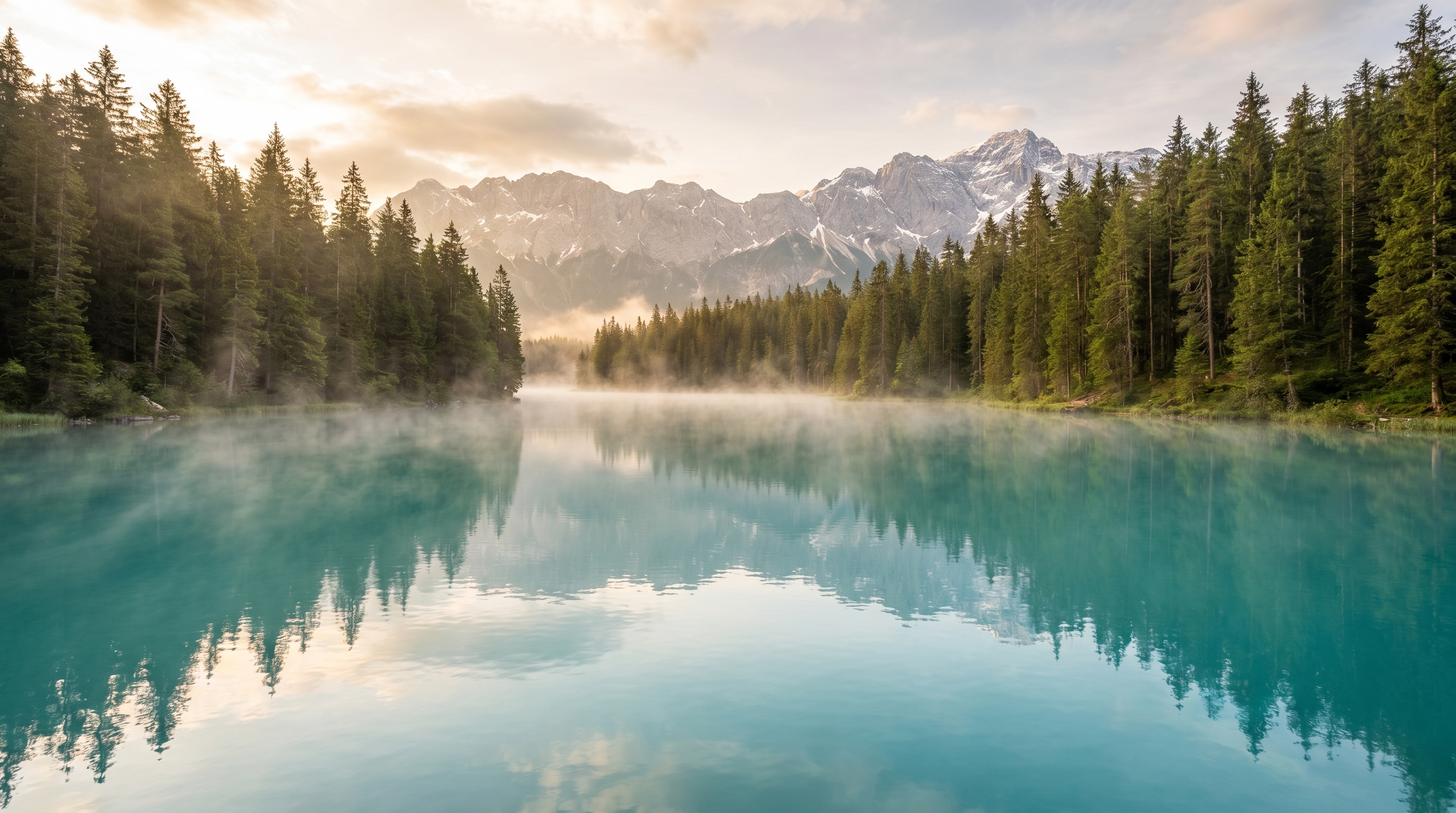 Wide-angle photographic view of a turquoise alpine lake at sunrise with mist over the water and tall pine forest, mountains in the background, no logos, no signage, no people