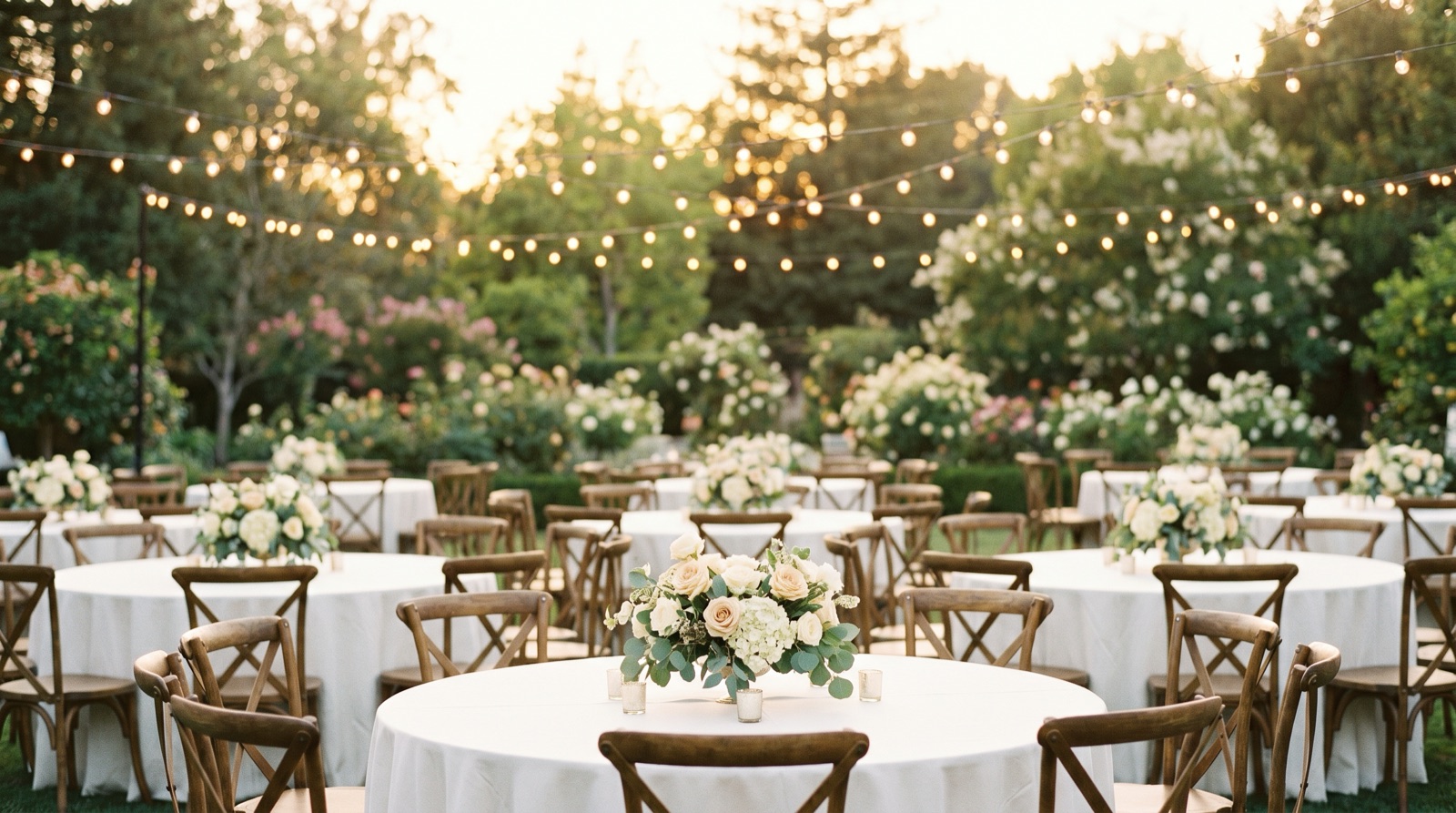 An elegant outdoor wedding reception at golden hour — round tables in white linen with floral centerpieces and wooden chairs under string lights