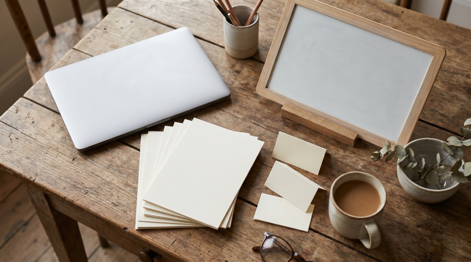 An overhead flat-lay on a rustic wooden desk with a closed laptop, a stack of blank cream paper, blank place cards, a small empty whiteboard, dried eucalyptus, and a cup of coffee in soft daylight