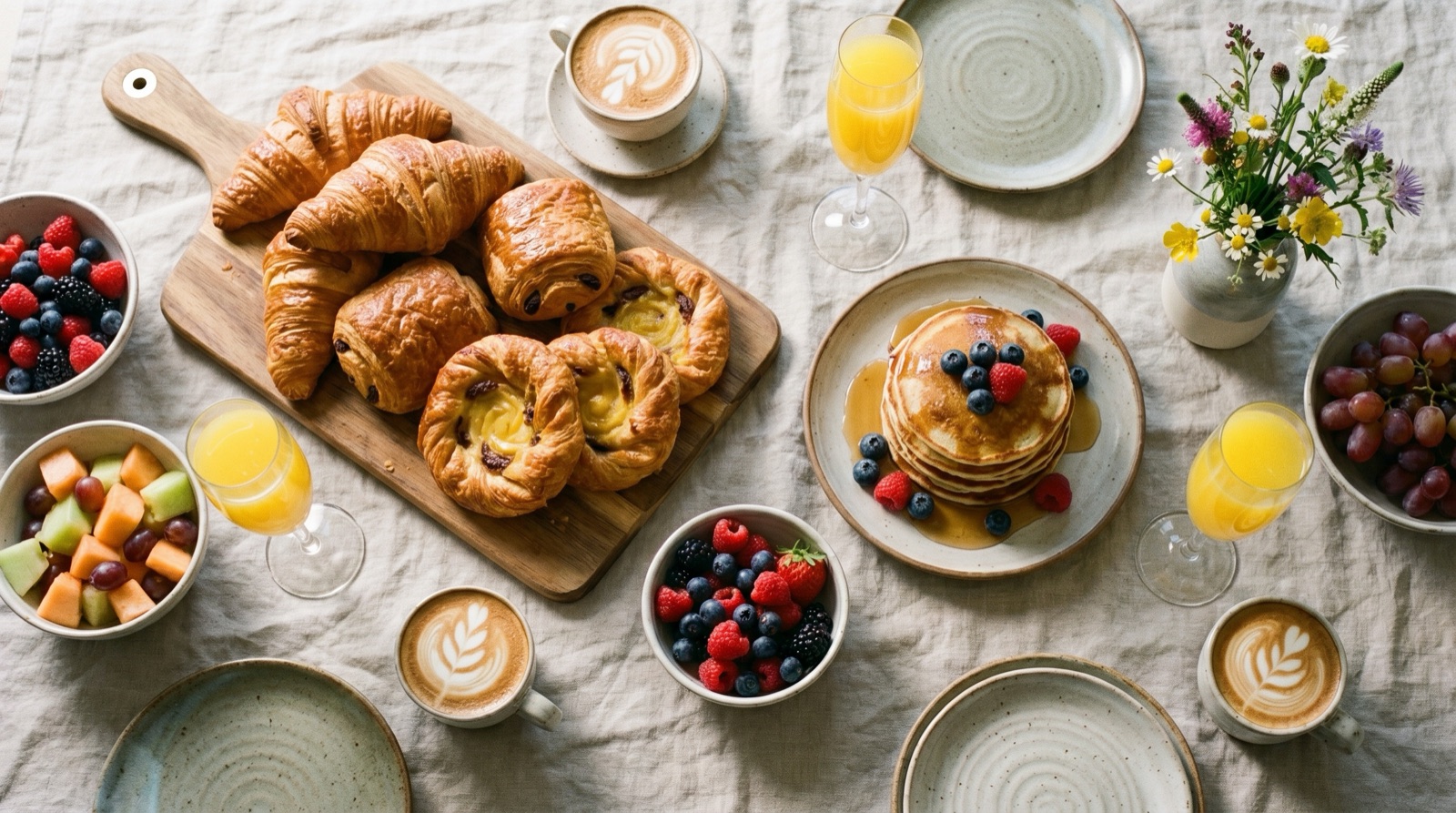 A top-down weekend brunch spread on a linen tablecloth with croissants and pastries on a wooden board, a stack of berry-topped pancakes, fruit bowls, mimosas, lattes with leaf art, and a vase of wildflowers