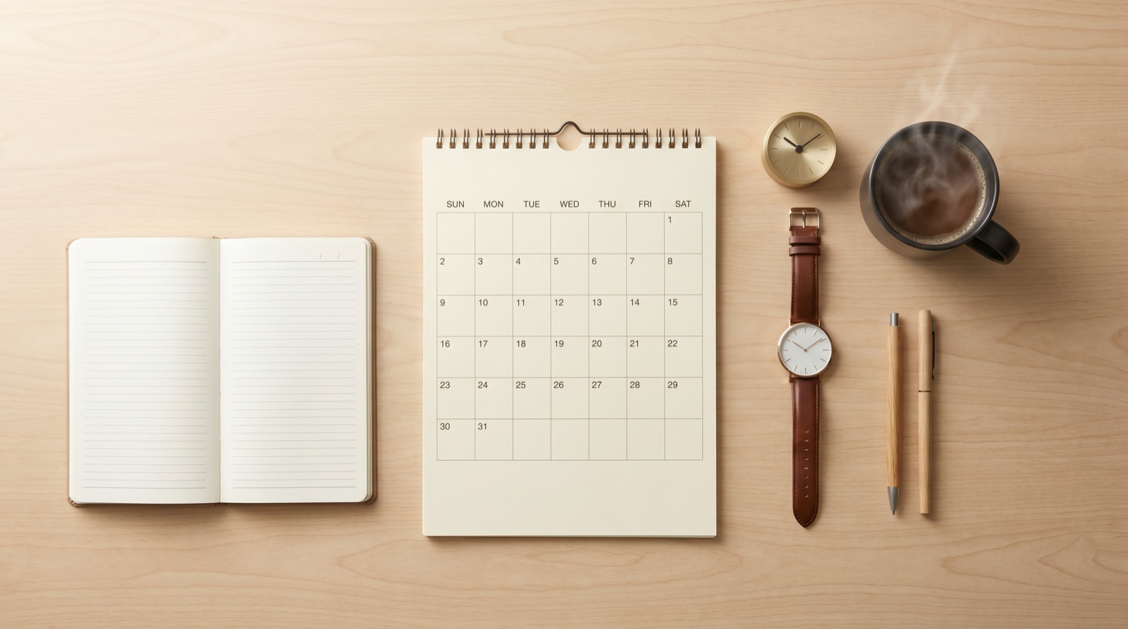 A neat overhead scheduling flat-lay on a light wooden desk: a blank monthly wall calendar, an open daily planner, a wristwatch, a small desk clock, two pens, and a steaming cup of coffee