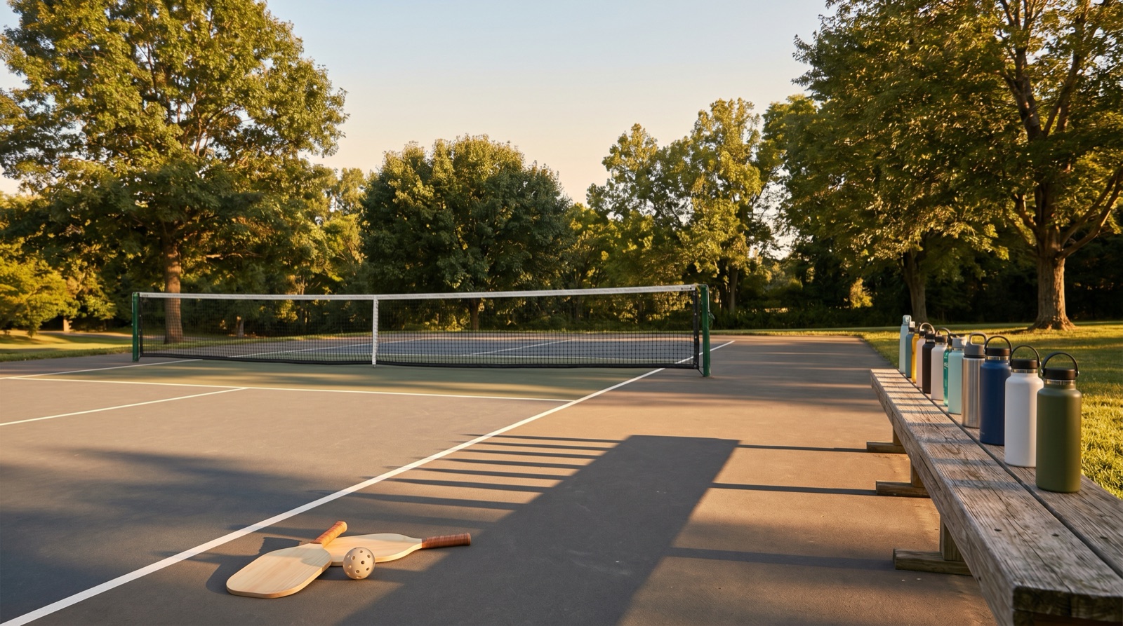 An outdoor pickleball court at golden hour with no players, a net across the middle, two wooden paddles and a ball resting near the baseline, and a row of colorful water bottles on a wooden bench beneath leafy trees