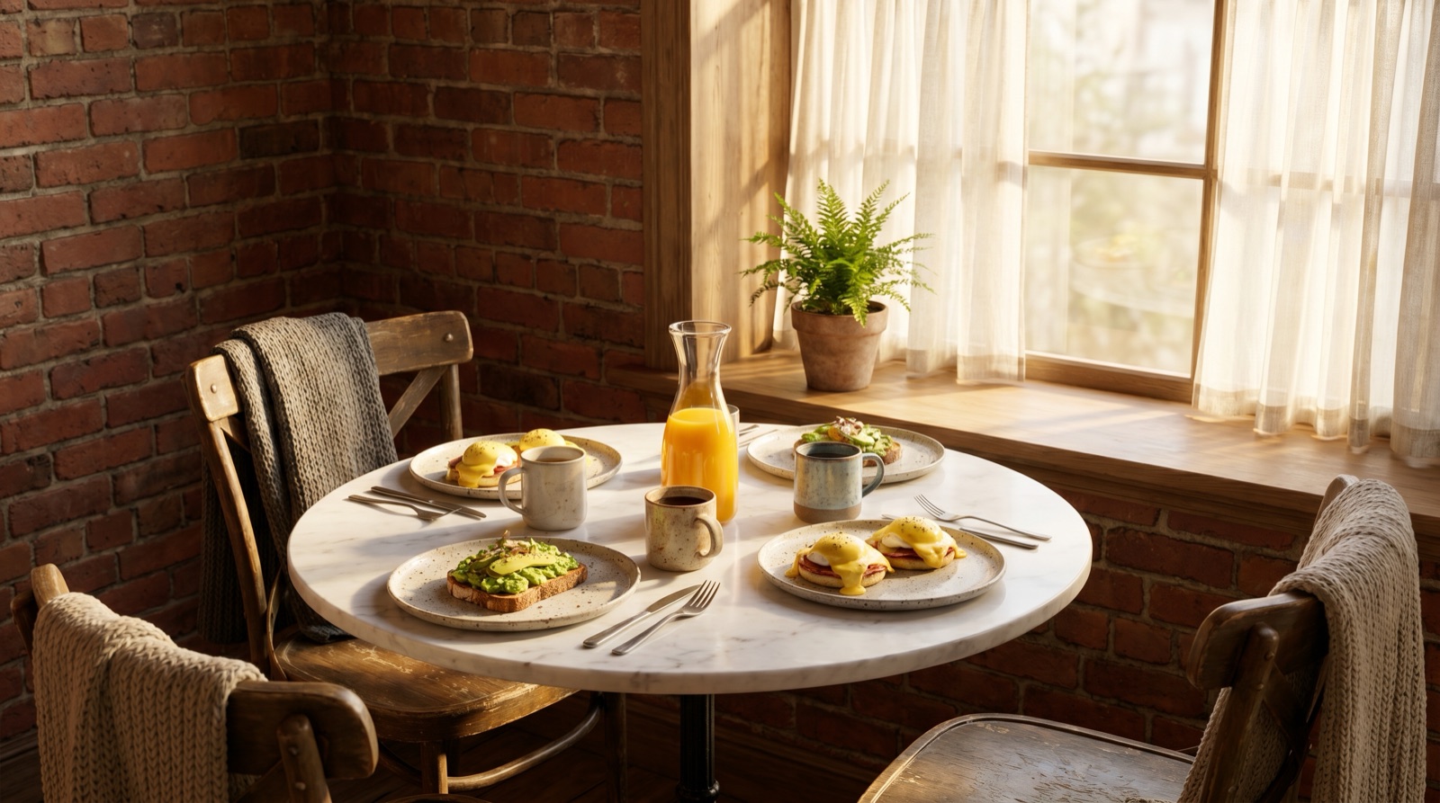 A cozy sunlit cafe corner with a round marble table set for a group brunch — avocado toast, eggs benedict, a carafe of orange juice, and coffee cups — beside an exposed brick wall and a curtained window