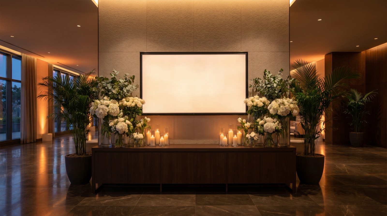 An elegant event venue lobby in the evening with a large blank glowing wall-mounted screen showing no content, lush white florals and lit candles on a console table beneath it, warm uplighting and polished floors