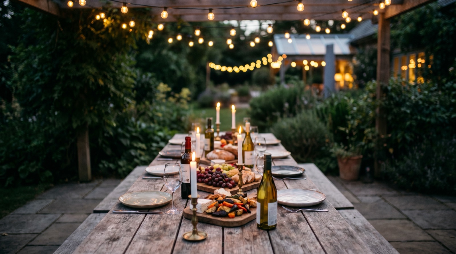 An empty outdoor patio dinner setting at dusk with a long rustic wooden table set with plates, glassware, lit candles, wine bottles, and platters of food under warm string lights and lush greenery