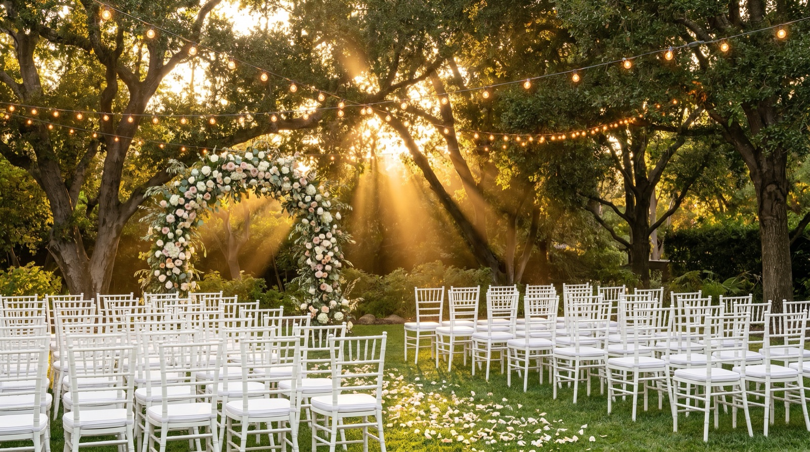 An outdoor wedding ceremony at golden hour with rows of empty white chairs facing a floral arch of white and blush roses and greenery, string lights overhead, and warm sunset light through garden trees