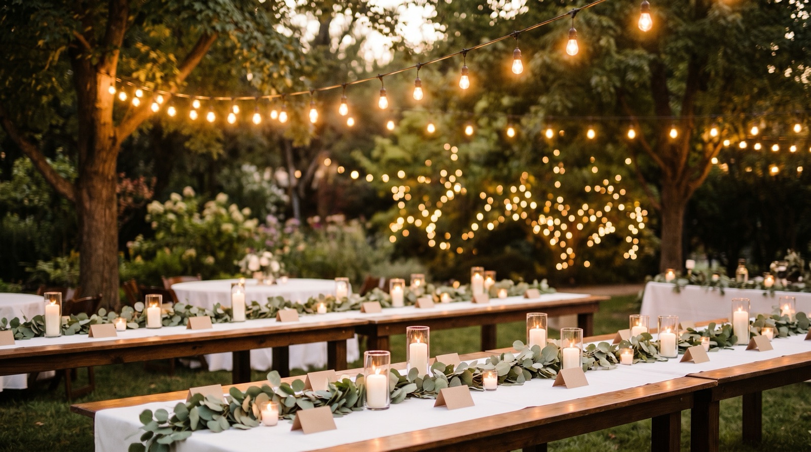 An outdoor garden wedding reception at dusk with long wooden banquet tables under glowing string lights, eucalyptus garlands, glass candle votives, and blank folded place cards
