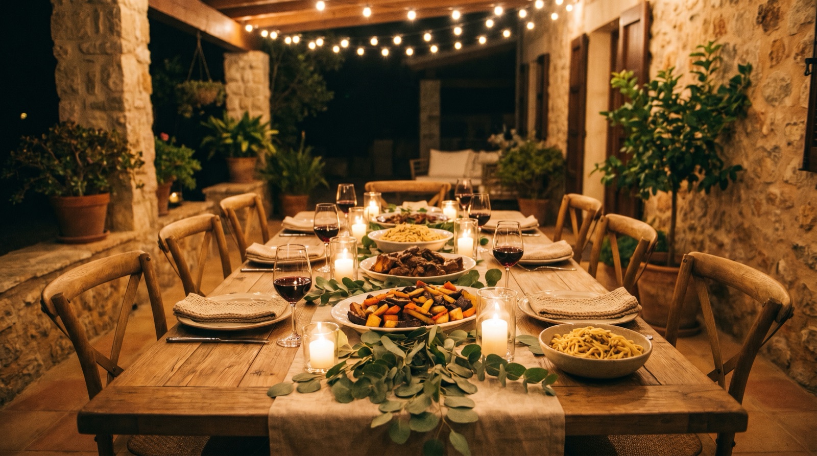 A warm evening group dinner table set for eight under string lights, glowing candles, family-style platters of roasted vegetables and pasta, glasses of red wine, and eucalyptus greenery along a linen runner