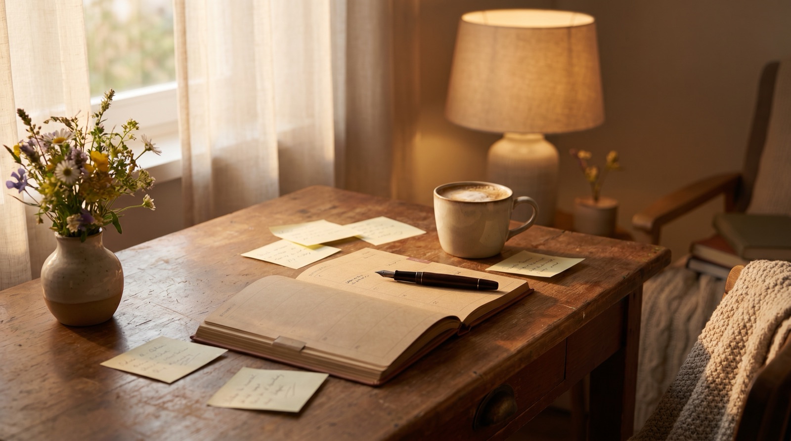A cozy planning desk at golden hour with an open paper planner and pen, a cup of coffee, scattered handwritten sticky notes, a small vase of wildflowers, and a softly glowing lamp by a curtained window