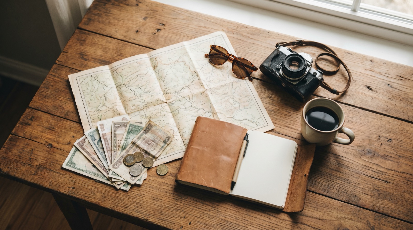 A top-down flat-lay on a wooden table with an open paper map, fanned foreign banknotes and coins, a vintage film camera, sunglasses, an open leather notebook, and a cup of coffee in soft window light