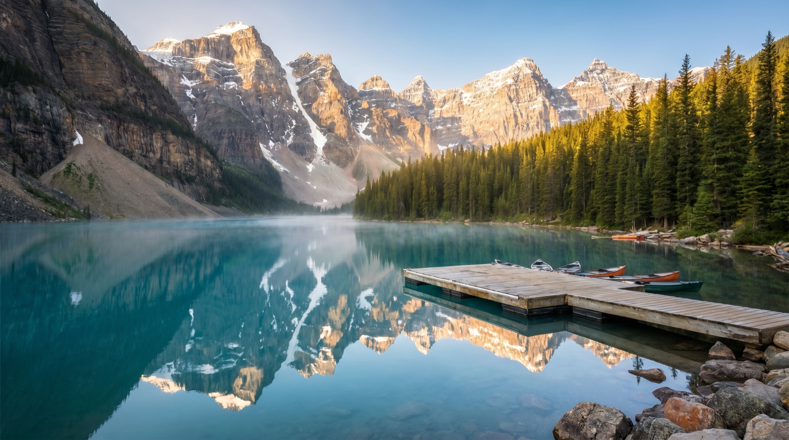 A still turquoise alpine lake at sunrise mirroring snow-capped peaks, pine forest along the shore, morning mist rising, and a small wooden dock with canoes
