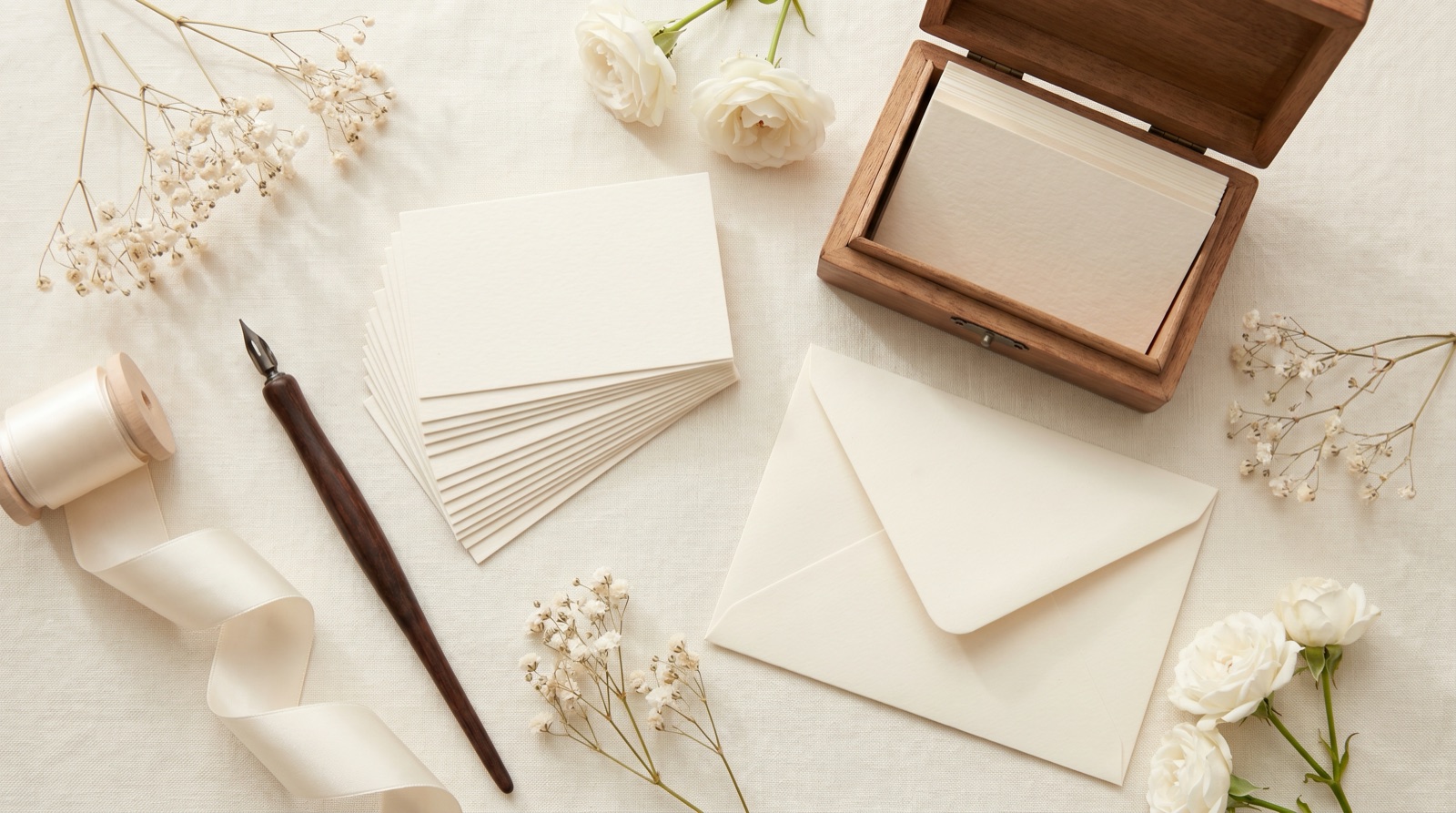 A wedding guest-list flat-lay on a cream surface with a fanned stack of blank cream place cards, an open wooden box of blank cards, a calligraphy pen, baby's breath and white roses, satin ribbon, and a blank invitation envelope