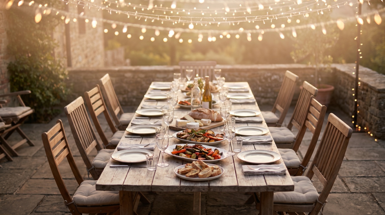 A long set dinner table on a string-lit patio at dusk with empty wooden chairs, plates, glasses, and platters of food, warm fairy lights glowing overhead, a cozy friends'-night ambiance with no one seated yet