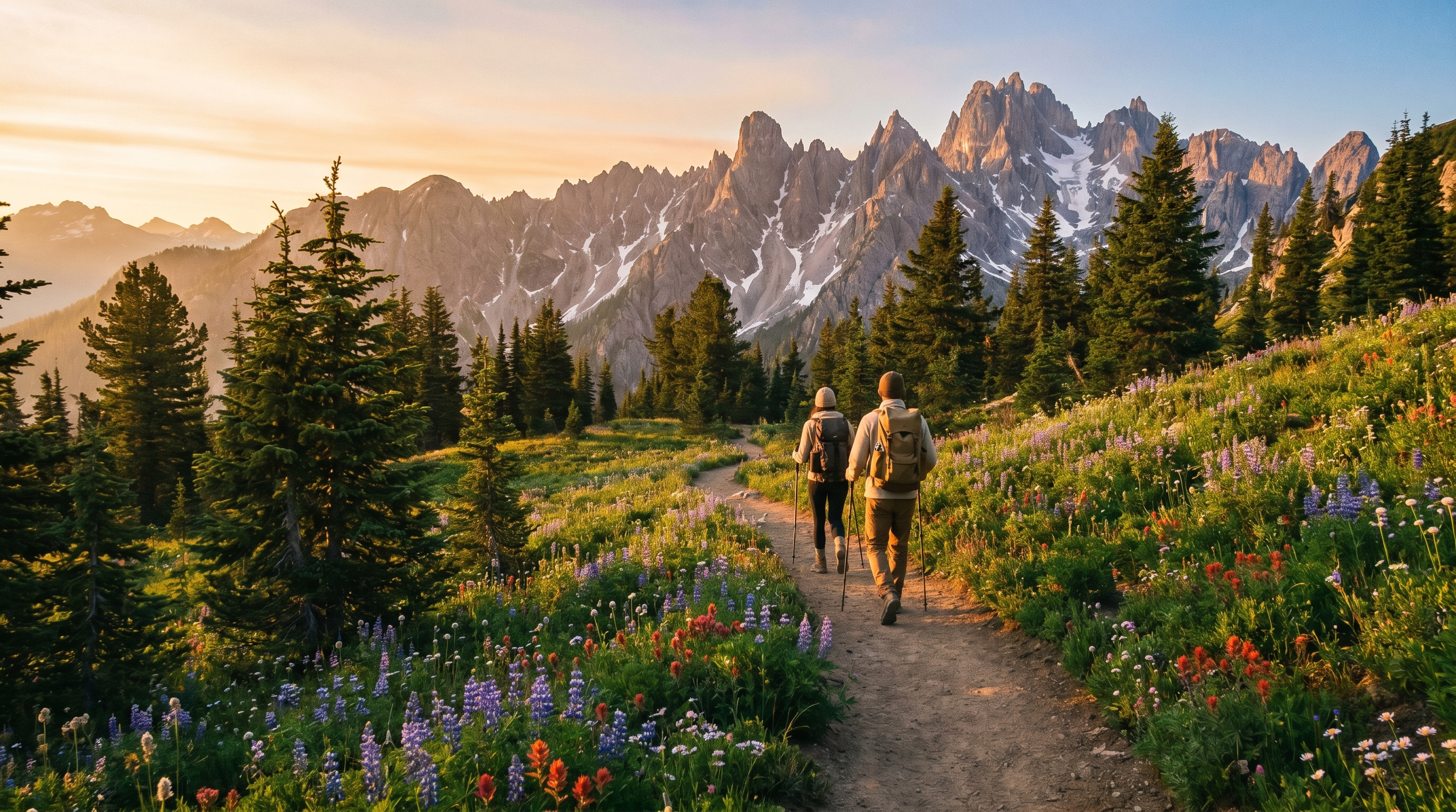 Wide-angle view of an alpine trail at morning light with two hikers walking in mid-distance, mountains rising ahead, no signage, no logos, no trademarked landmarks