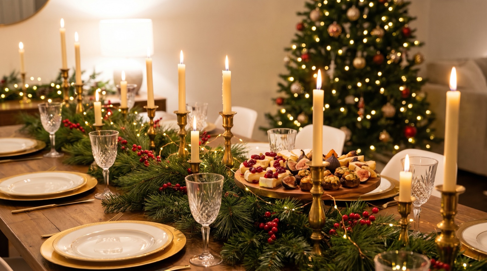A festive holiday party tablescape at night with glowing candles in brass holders, an evergreen garland and red berries down the center, gold-rimmed plates and crystal glasses, a platter of appetizers, and a softly lit decorated tree behind