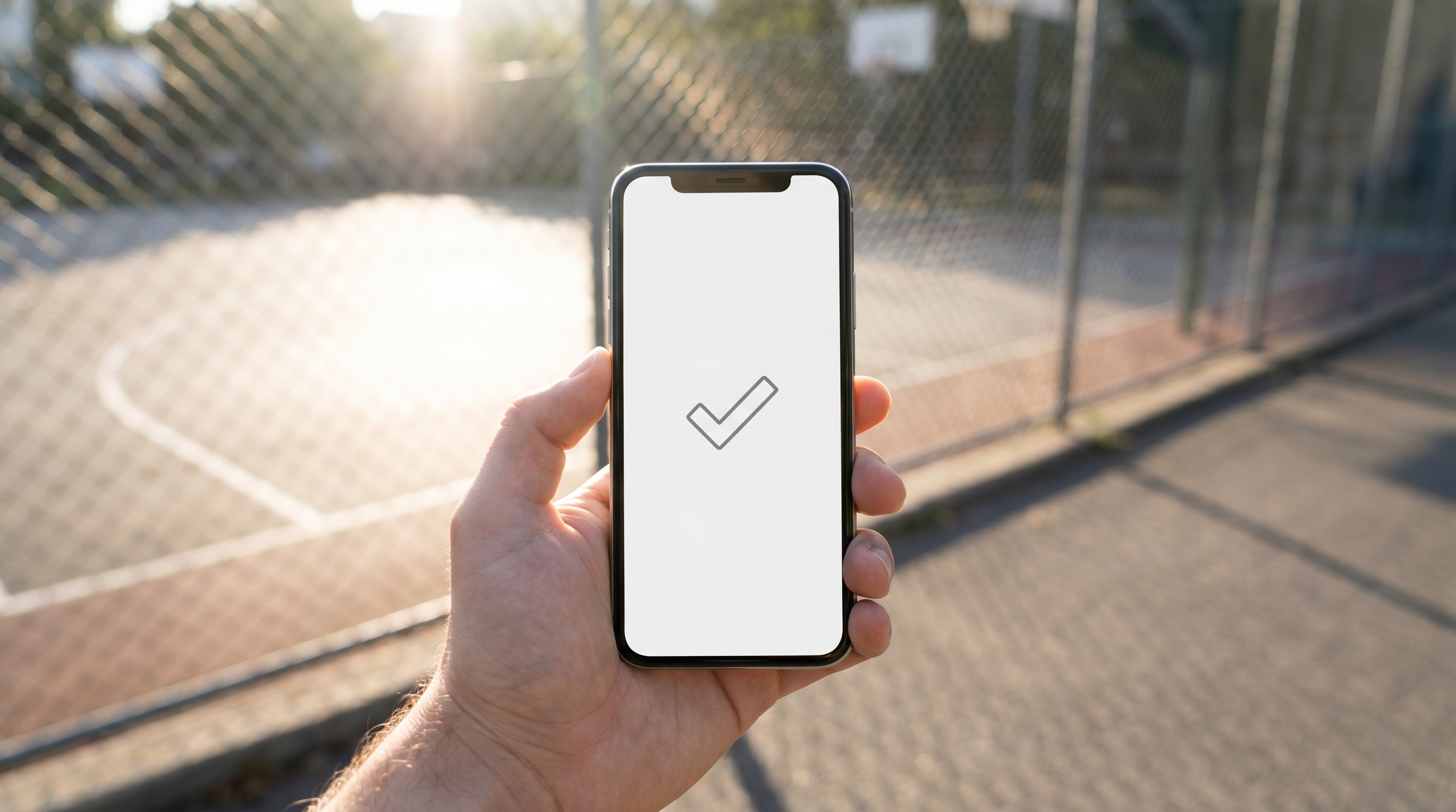 Smartphone showing a payment confirmation screen near a sports court