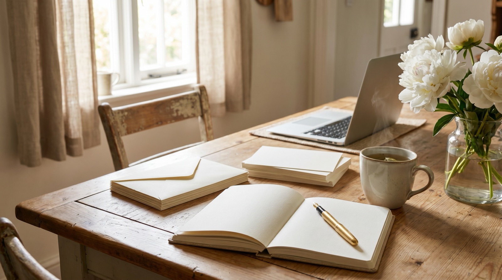 A cozy kitchen table set for wedding guest-list planning, with an open blank notebook and gold fountain pen, a stack of unaddressed cream envelopes and blank cards, a laptop, a mug of tea, and a vase of white peonies in soft window light