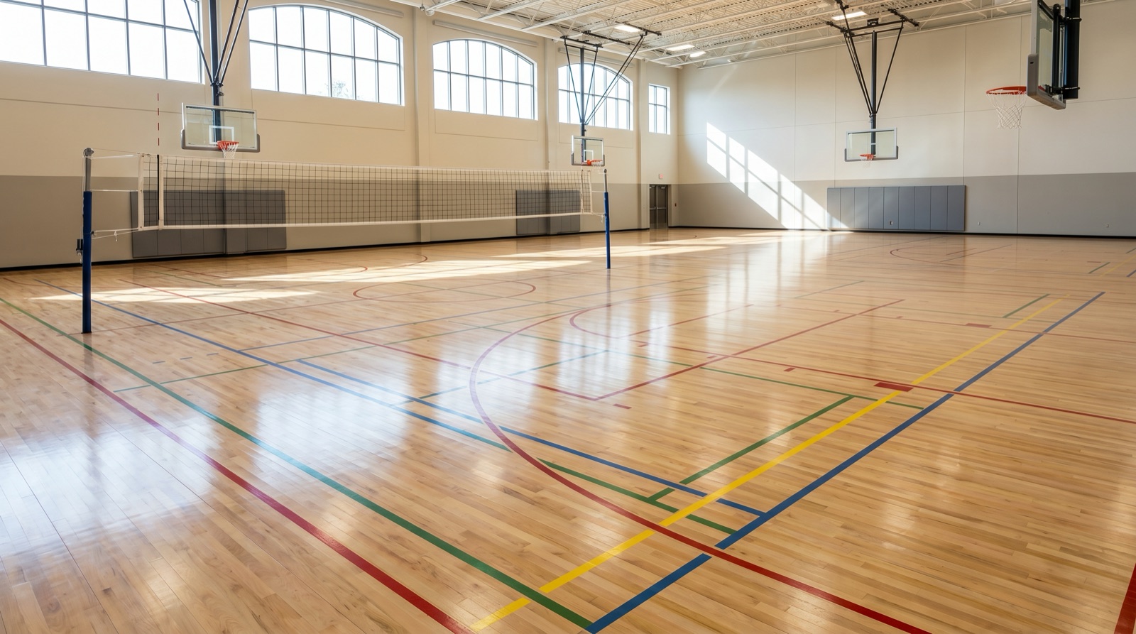 A bright modern indoor multi-sport gymnasium with a polished hardwood floor showing colorful court line markings for several sports, a volleyball net strung across the middle, basketball hoops in the background, daylight through tall arched windows, no one present