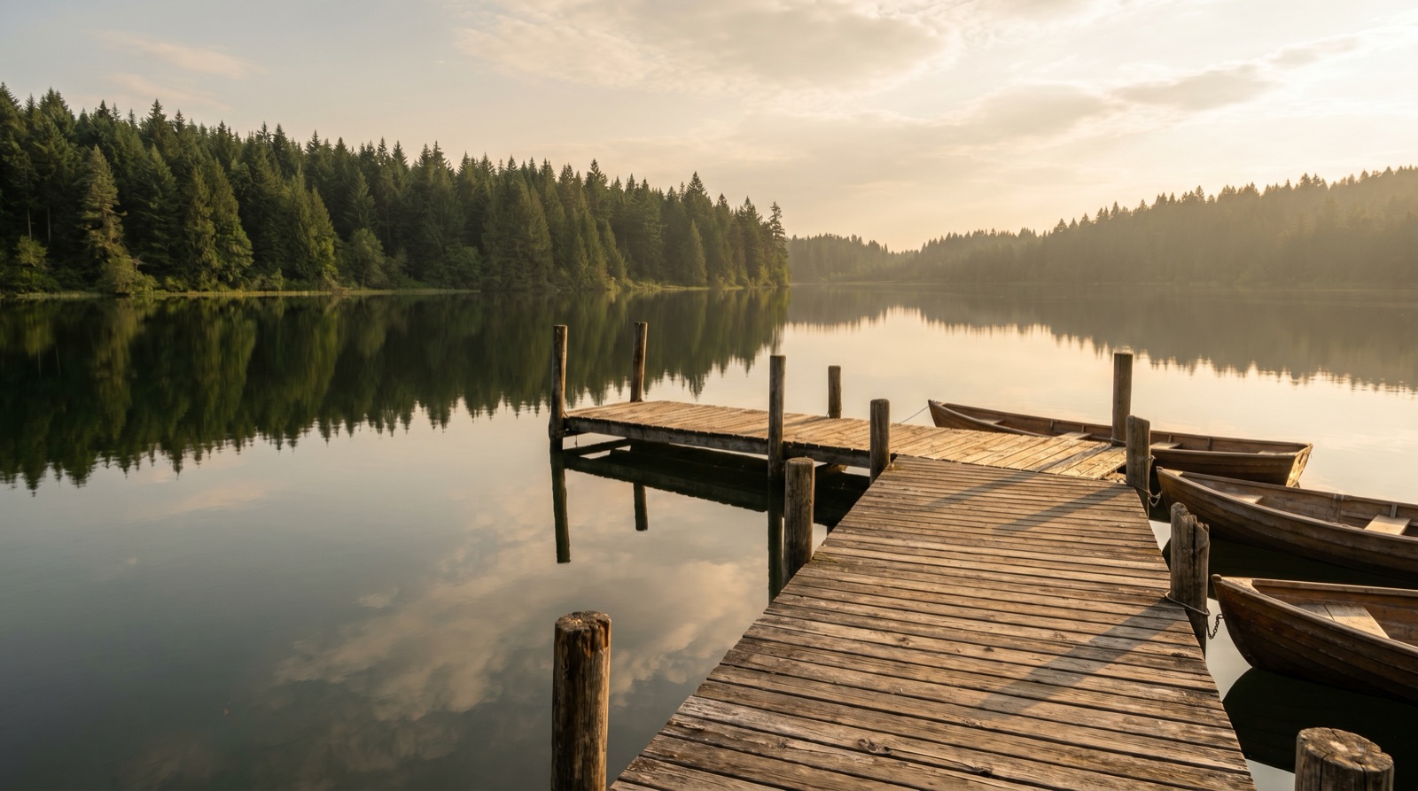 Wide photographic view of a calm freshwater lake on a sunny summer day with a wooden dock and forested shoreline, no boats with logos, no signage, no recognizable people