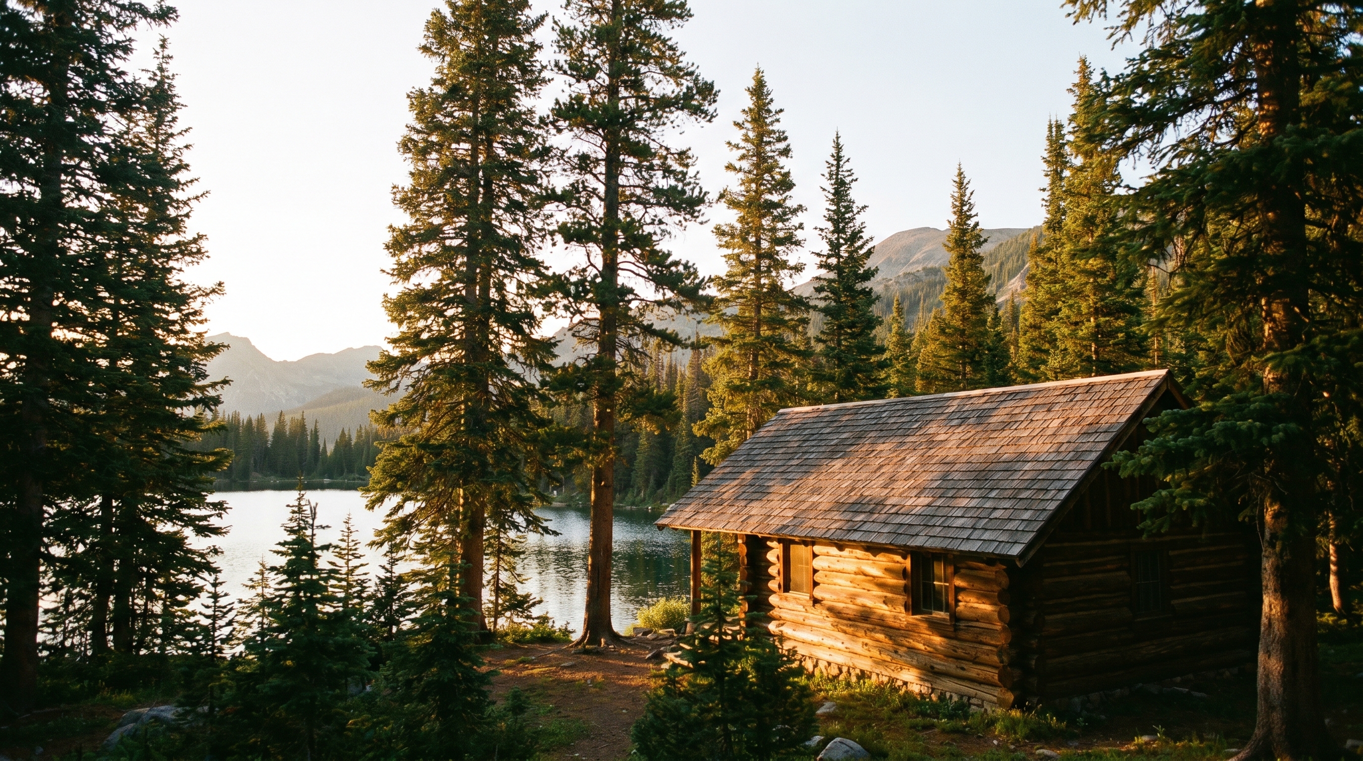 Wide-angle view of a wooden cabin among tall pines at golden hour, low warm light, alpine lake glimpsed through trees in the background