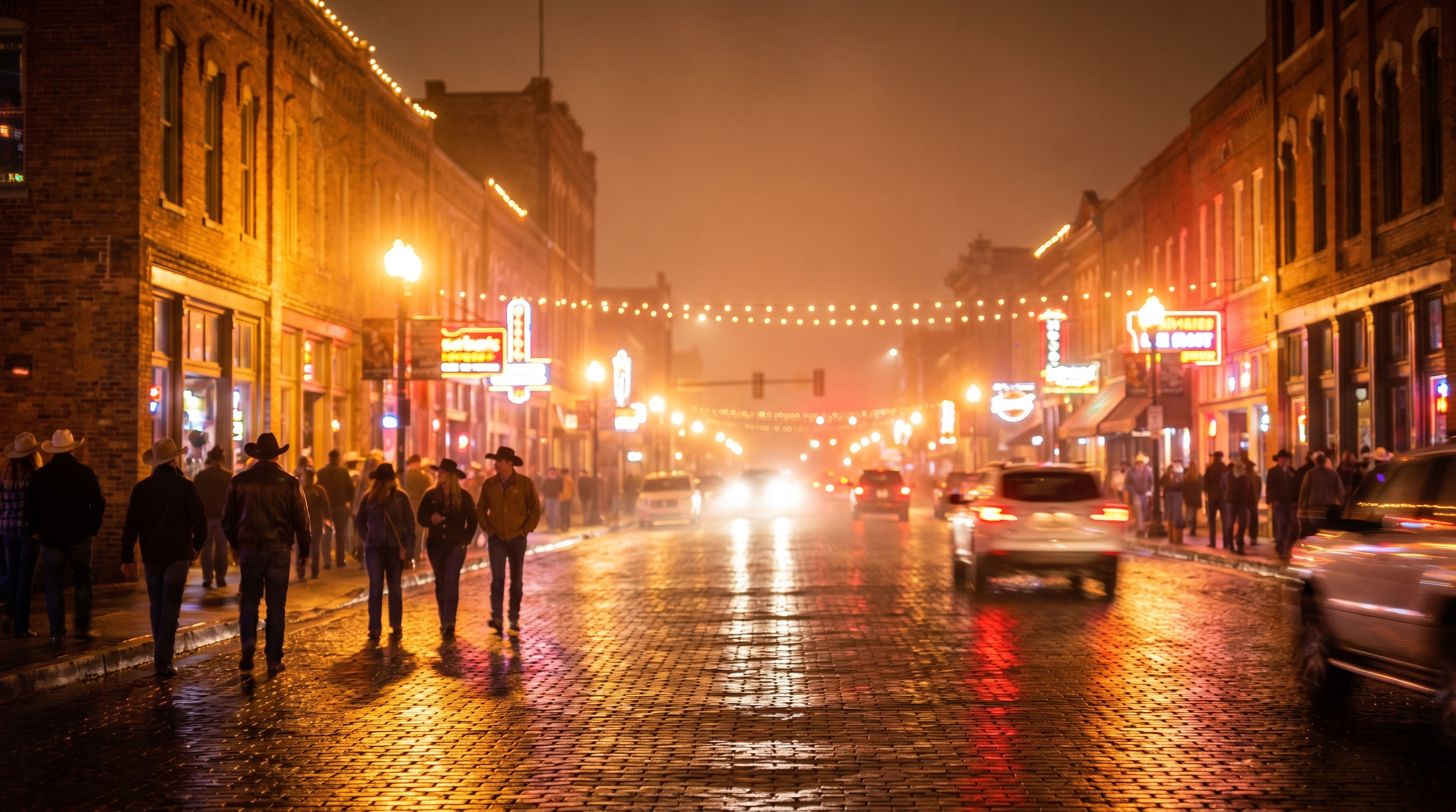 Downtown country-music bar district at night, warm neon glow on a wet cobblestone street, mid-distance crowd walking