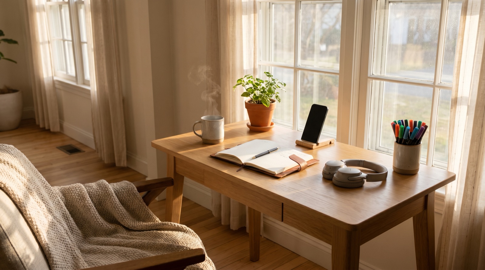A cozy home planning corner with a wooden desk by a sunny window holding a single notebook, a steaming mug, a small potted plant, a phone on a stand, headphones, and a cup of colored markers in warm morning light