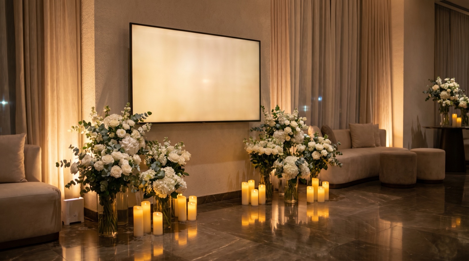 A dimly lit wedding reception lobby at night with a large blank glowing wall-mounted TV showing no content, lush white floral arrangements and clusters of flickering candles below it, soft golden uplighting reflecting on a polished floor