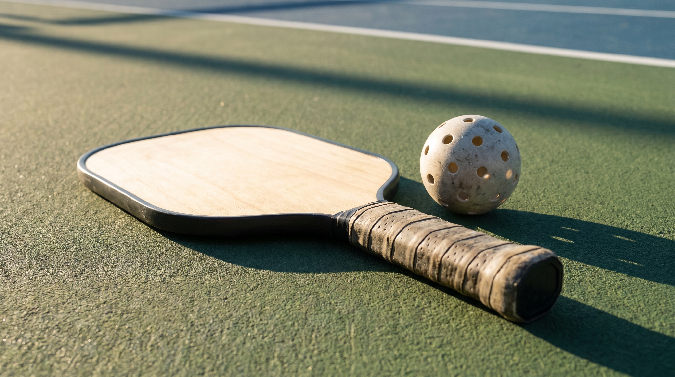 Pickleball paddle and ball on a hard court surface in natural light