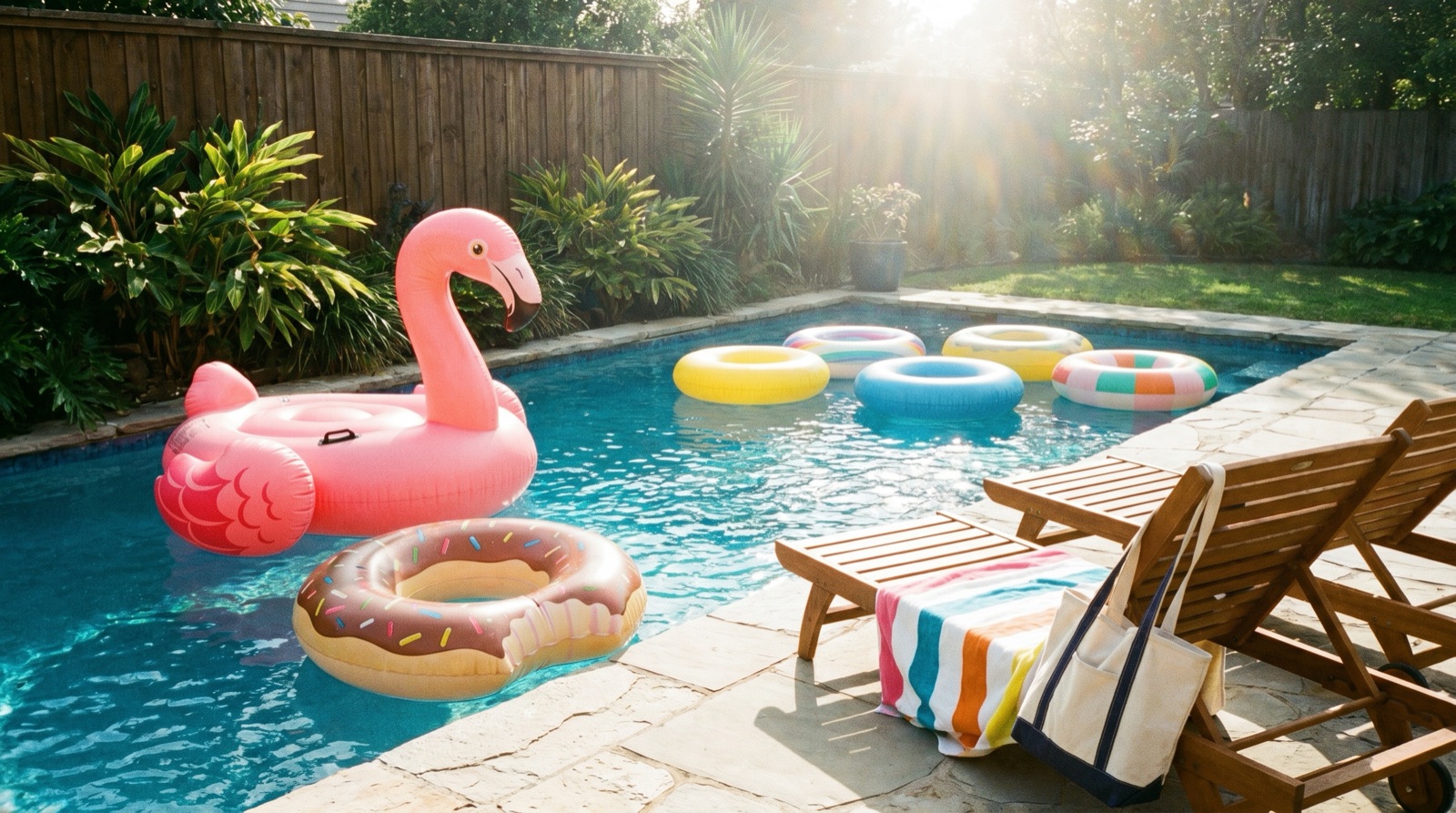 Wide photographic view of a sunny backyard swimming pool with colorful inflatable floats and lounge chairs, no people, no logos, no signage