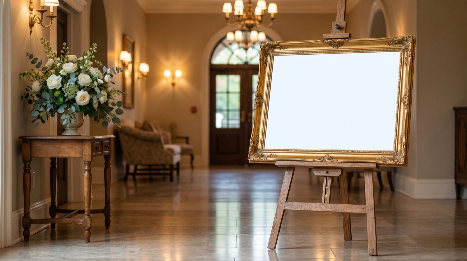 A wooden artist's easel at the entrance of an elegant wedding venue holding a large blank white board in an ornate gold frame, beside a side table with a white-rose floral arrangement in warm lobby light