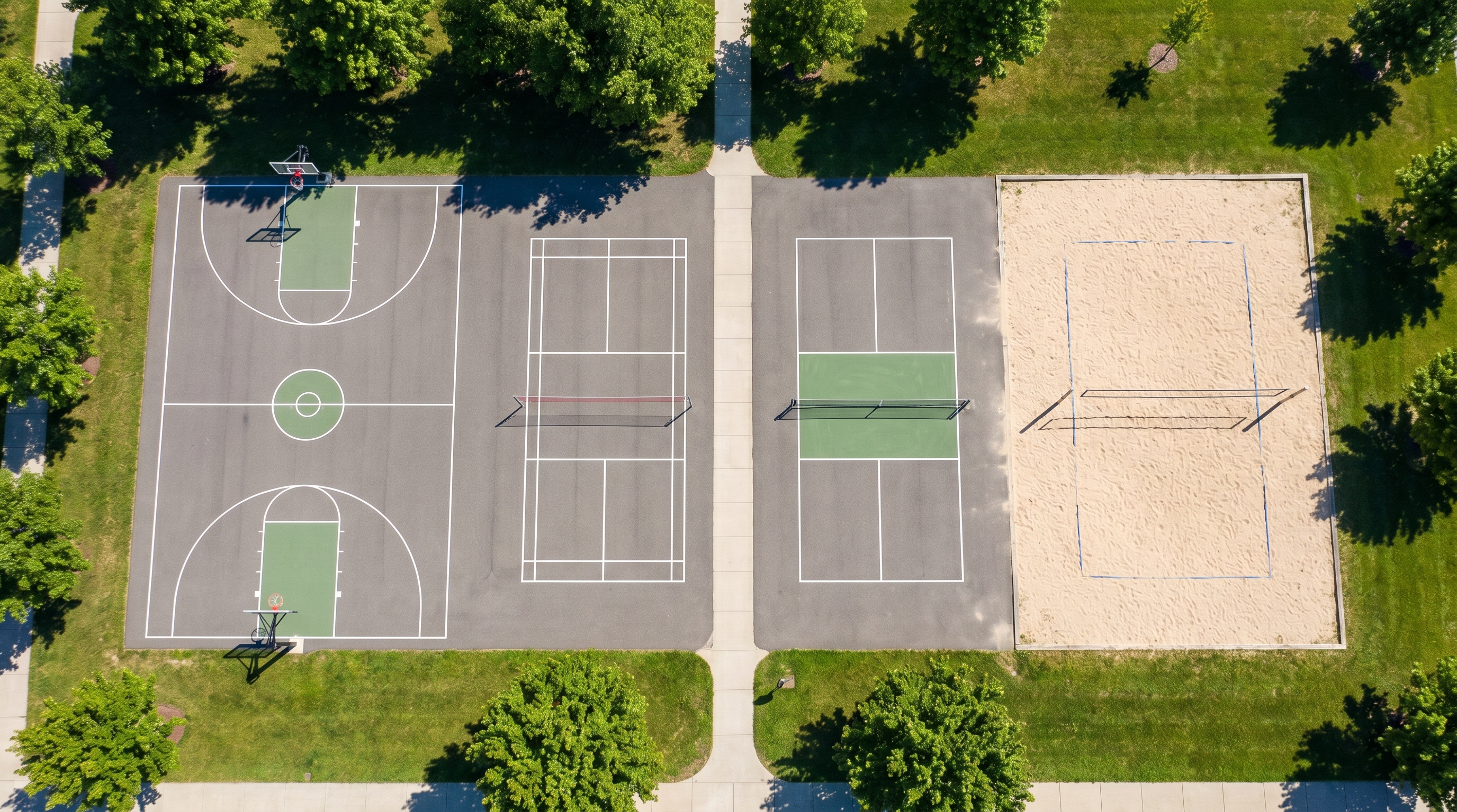 Aerial view of multiple sports courts with different court markings