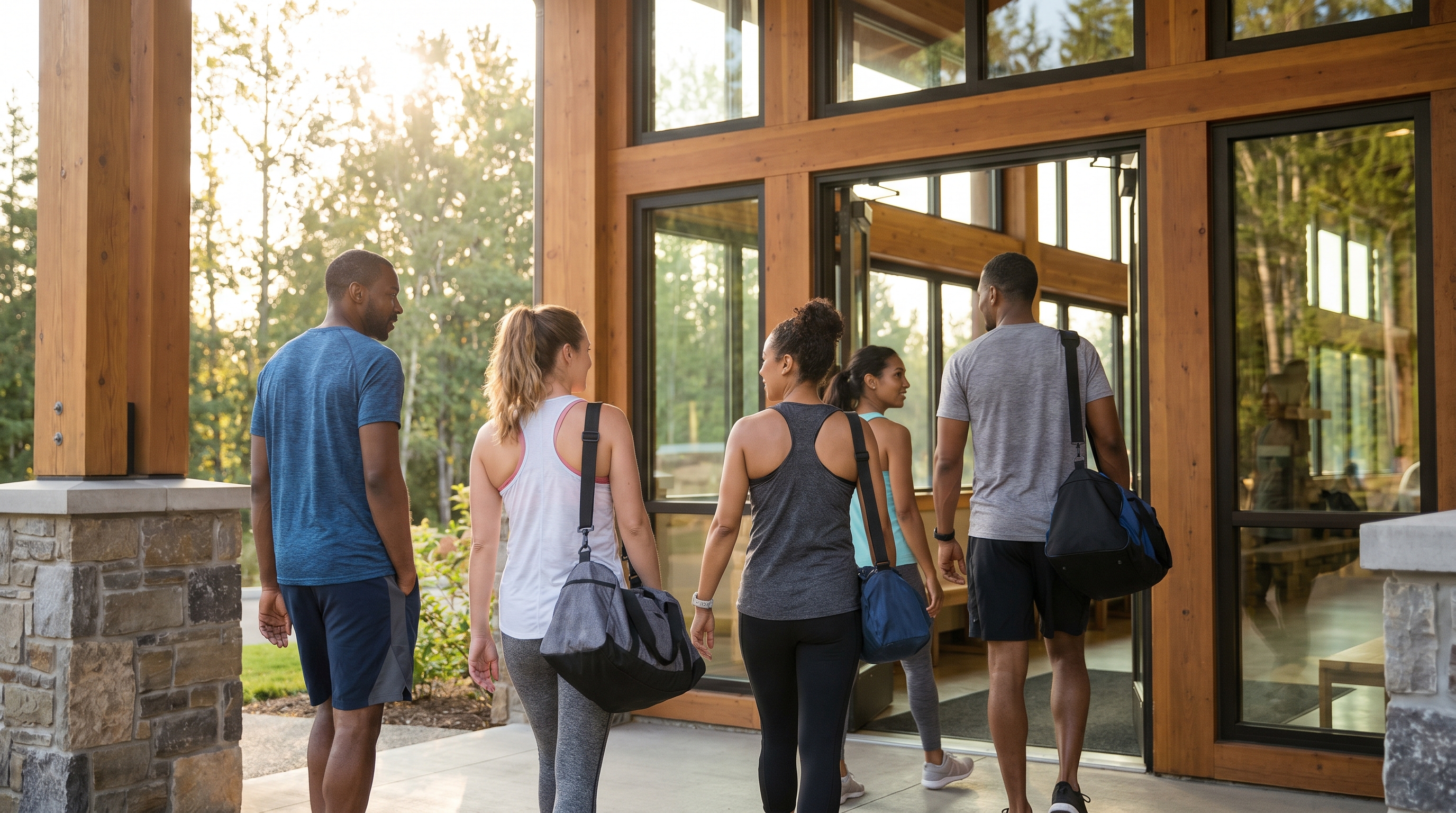 Adults in sports clothing entering a recreational centre