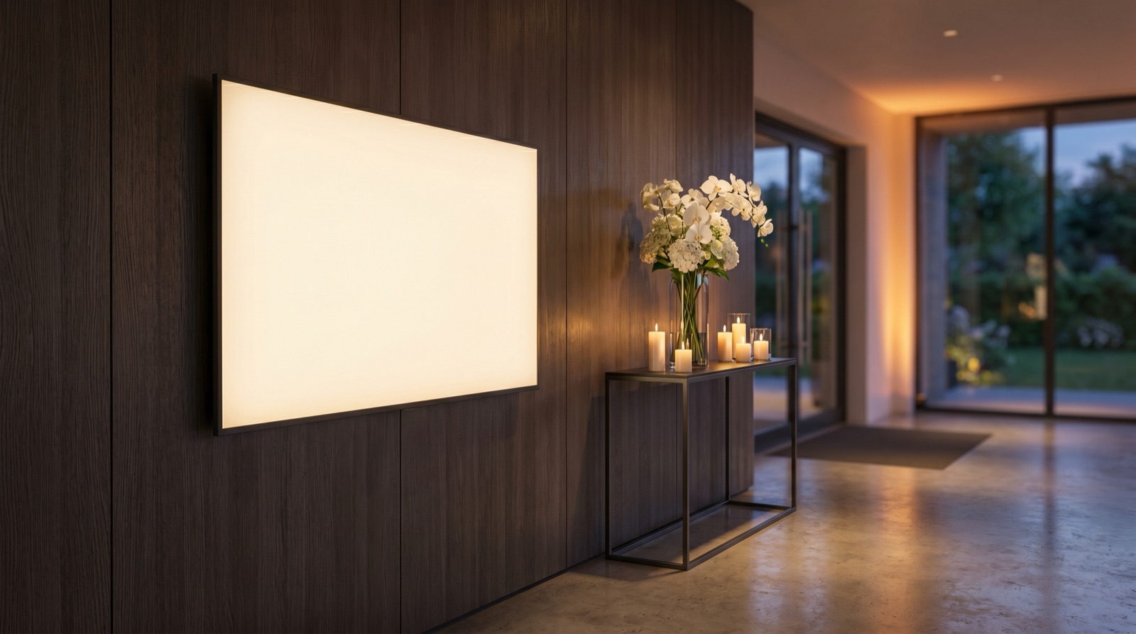 A modern wedding venue lobby at dusk with a large blank glowing flat-screen display mounted on a dark wood-panelled wall, beside a slim console table holding white orchids and lit candles