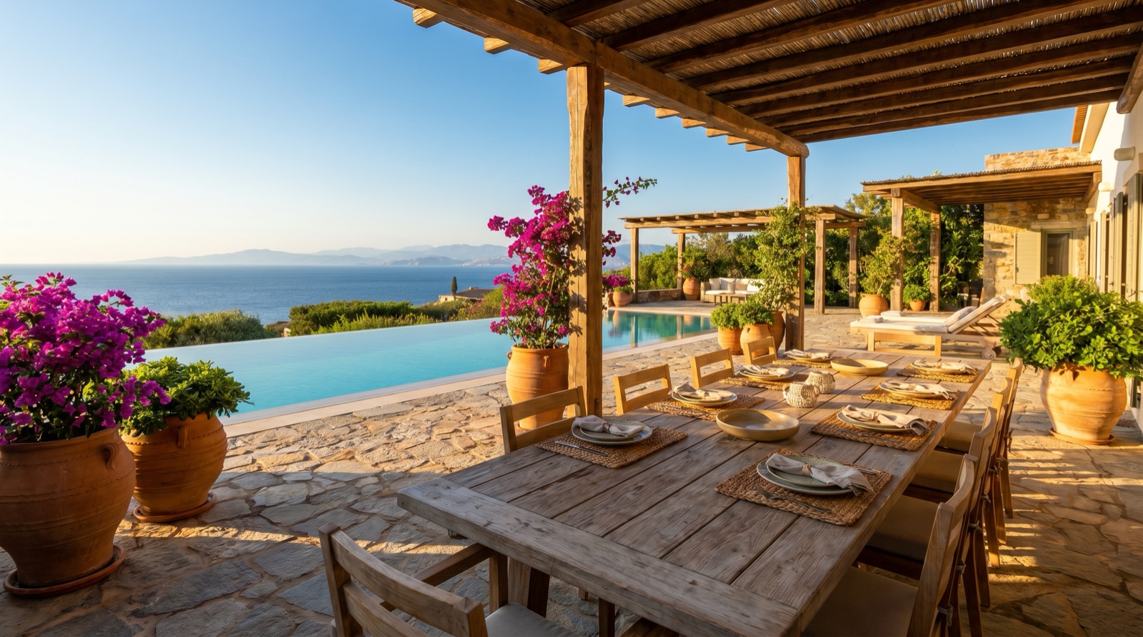 A sunlit villa terrace with a long wooden dining table set for a group, a turquoise infinity pool, bougainvillea in terracotta pots, and the sea and distant coastline beyond