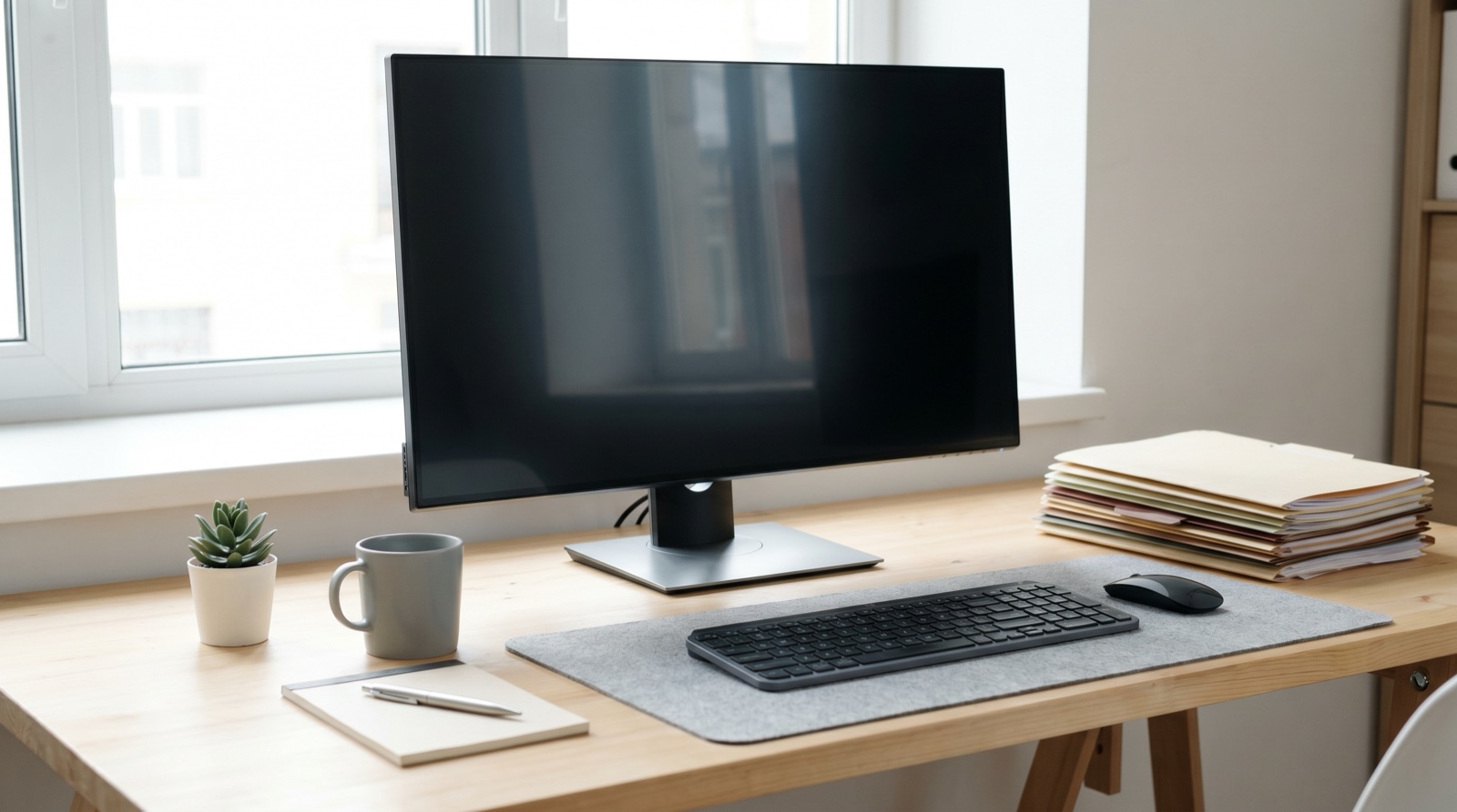 A clean modern home-office desk at a slight angle with a large dark blank monitor, a sleek keyboard and mouse, a coffee mug, a small succulent, a notepad and pen, and neatly stacked file folders in bright daylight