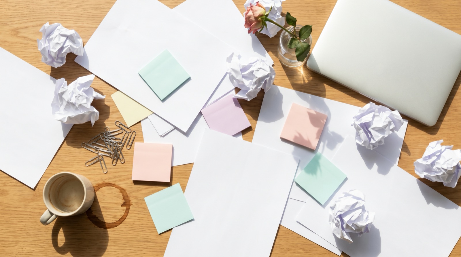 A cluttered wedding planning desk from above with loose blank papers overlapping at odd angles, scattered sticky notes, tangled paper clips, a coffee cup leaving a ring stain, a wilting flower, and a closed laptop pushed to the edge in harsh light