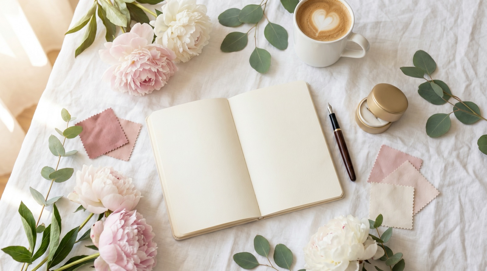 A spring wedding planning flat-lay on white linen with an open blank planner notebook, fountain pen, pink and white peonies, eucalyptus, coffee, a gold ring box, and blush fabric swatches in soft morning light