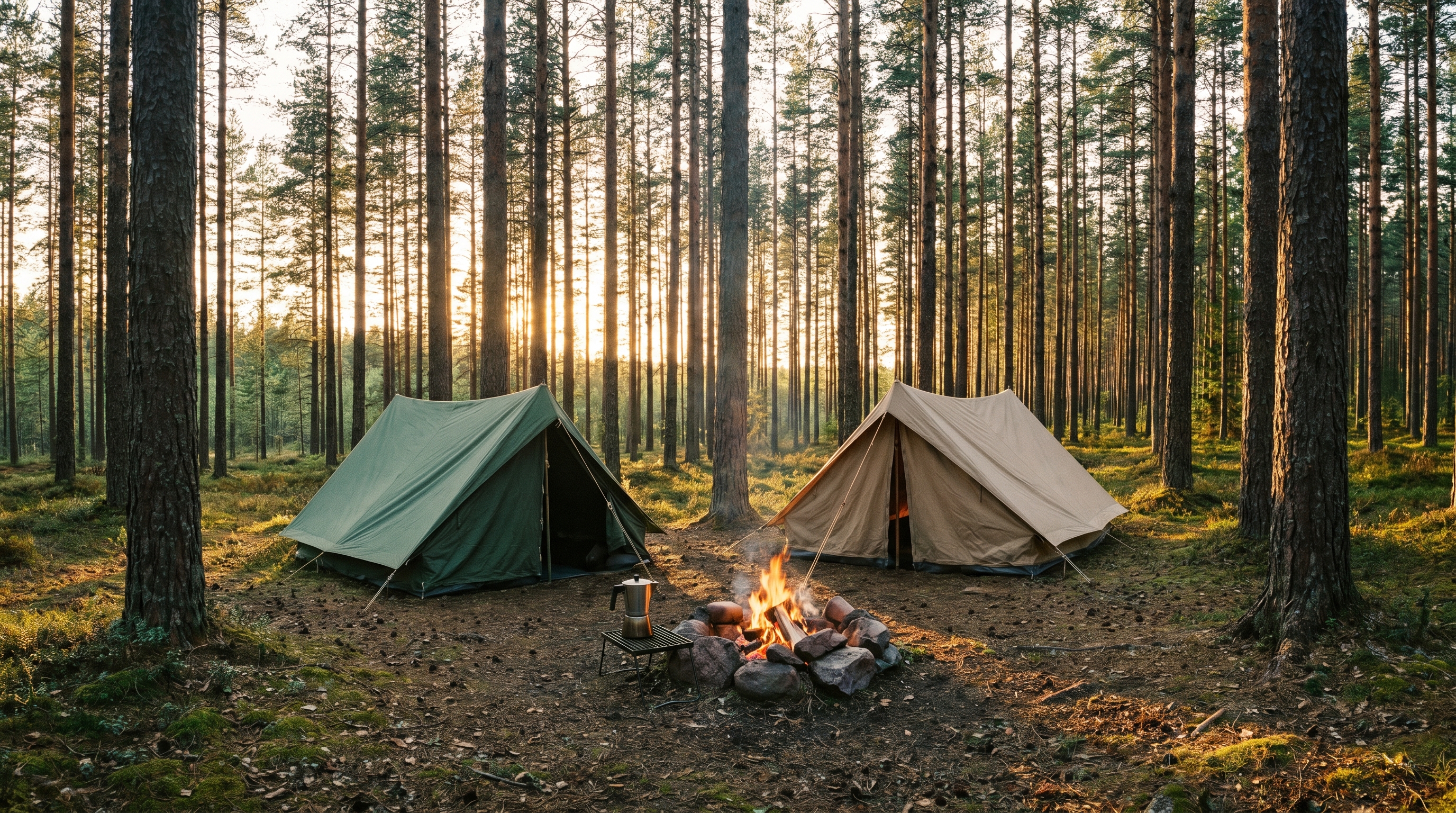 Wooded campsite at golden hour with two tents and a small campfire among tall pine trees