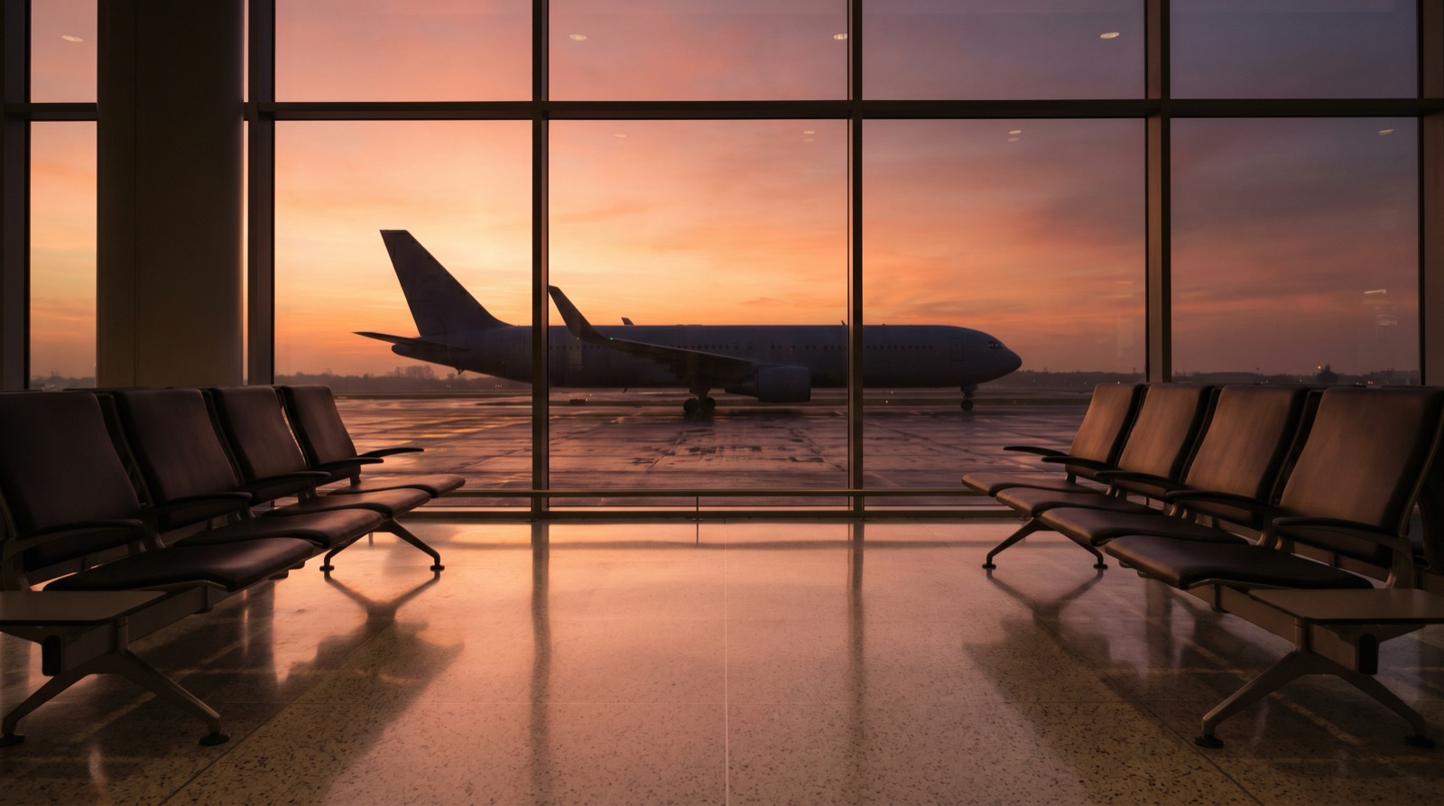 View through a large airport terminal window at golden hour, a parked passenger jet silhouetted against an orange and pink sunset sky, with empty waiting-area seats reflected on the polished floor