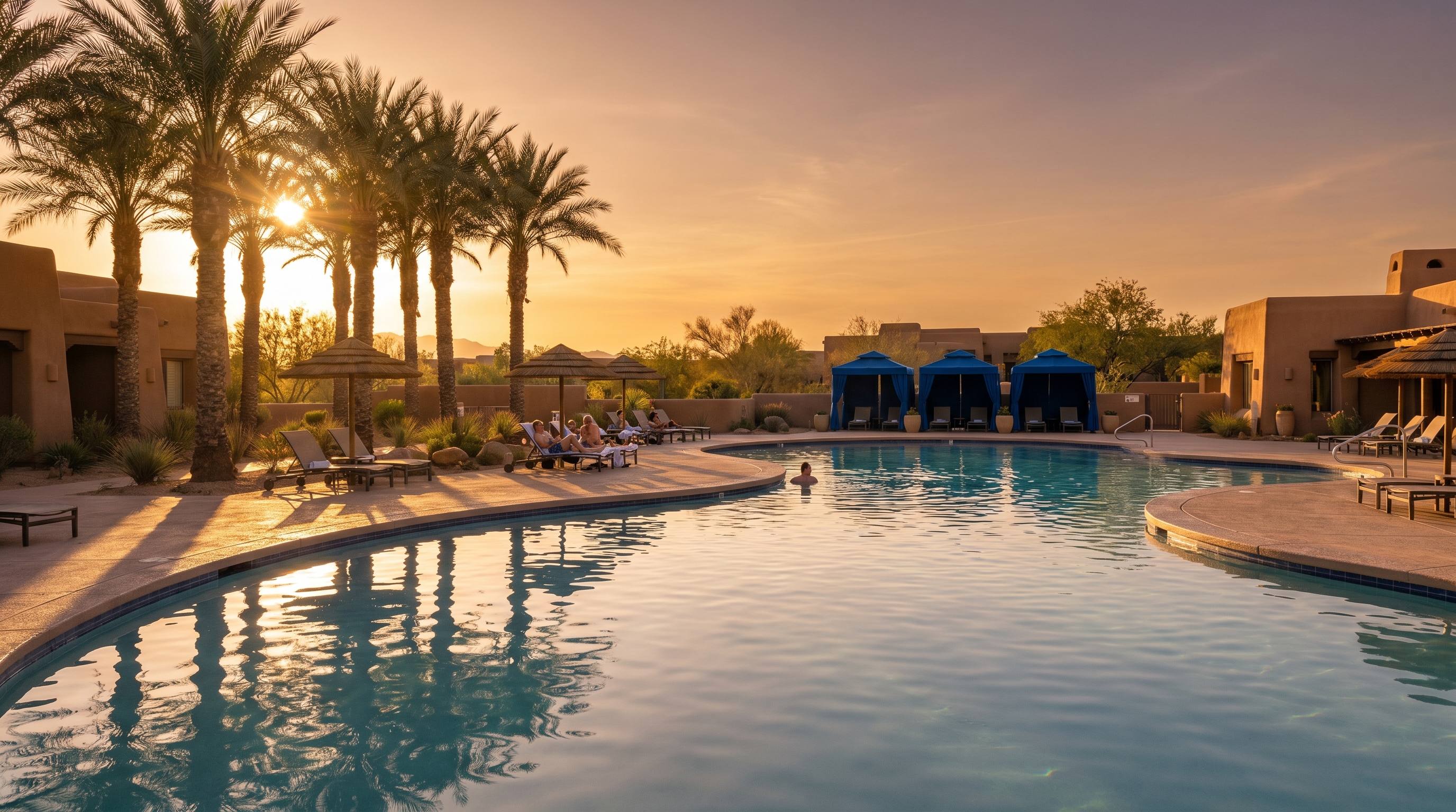 Wide-angle view of a casino-style hotel pool at golden hour, palm trees in the distance, mid-distance figures in lounge chairs, no logos, no signage, no recognizable trademarked properties