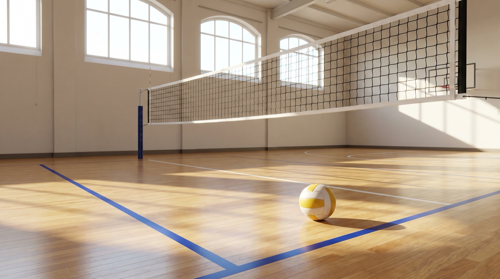 An indoor volleyball court in a bright gymnasium with a taut net stretched across center court, a single volleyball resting on the polished wooden floor near the net, bold blue boundary lines, daylight streaming through high arched windows
