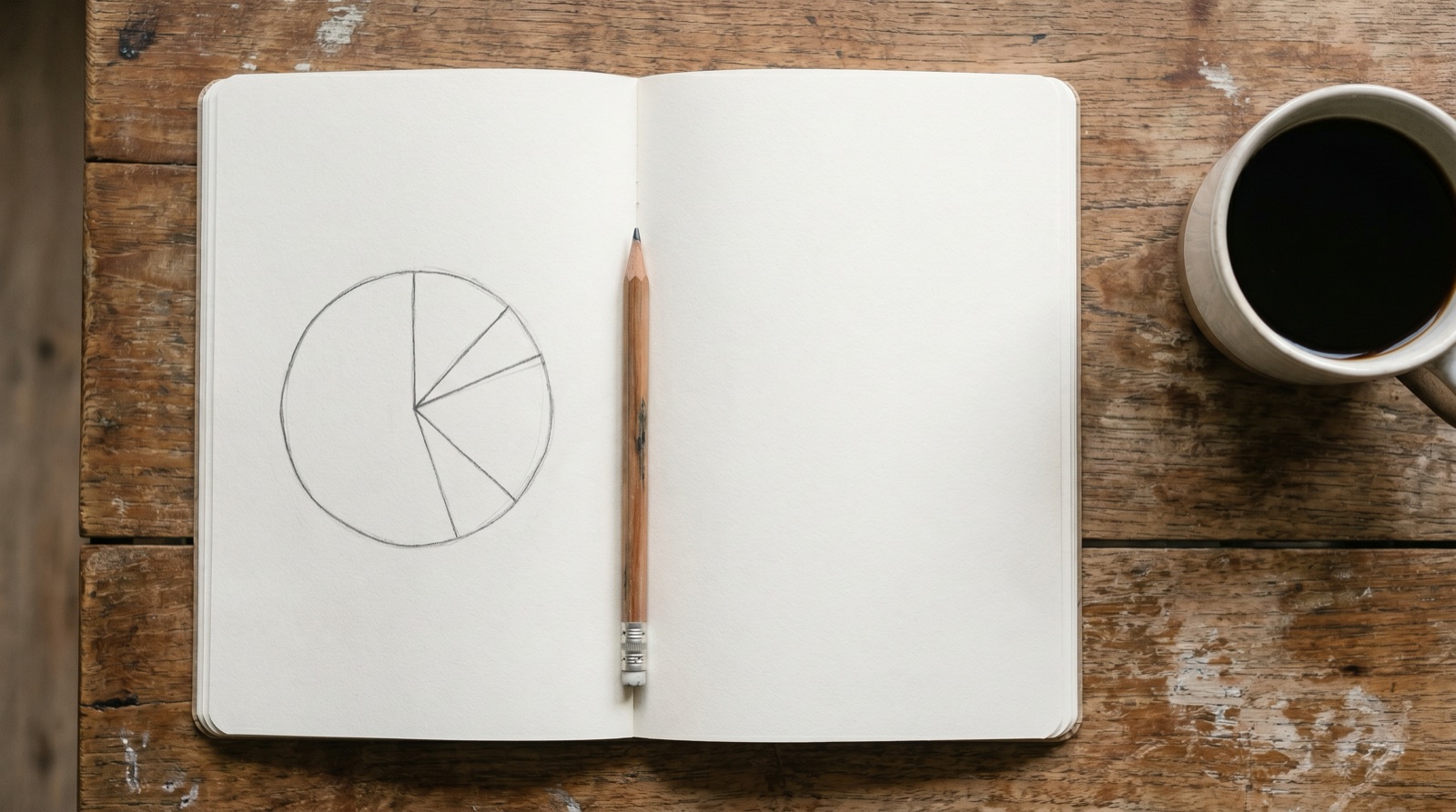 Photographic overhead of a notebook with a simple hand-drawn pie chart, a calculator, and a cup of coffee on a wooden table, soft daylight, no logos, no text, no people