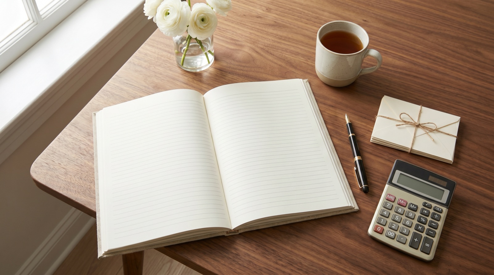 A wedding planning desk seen from above with an open blank ledger notebook, a calculator, a pen, twine-tied blank envelopes, a mug of tea, and white ranunculus on warm walnut wood in soft daylight